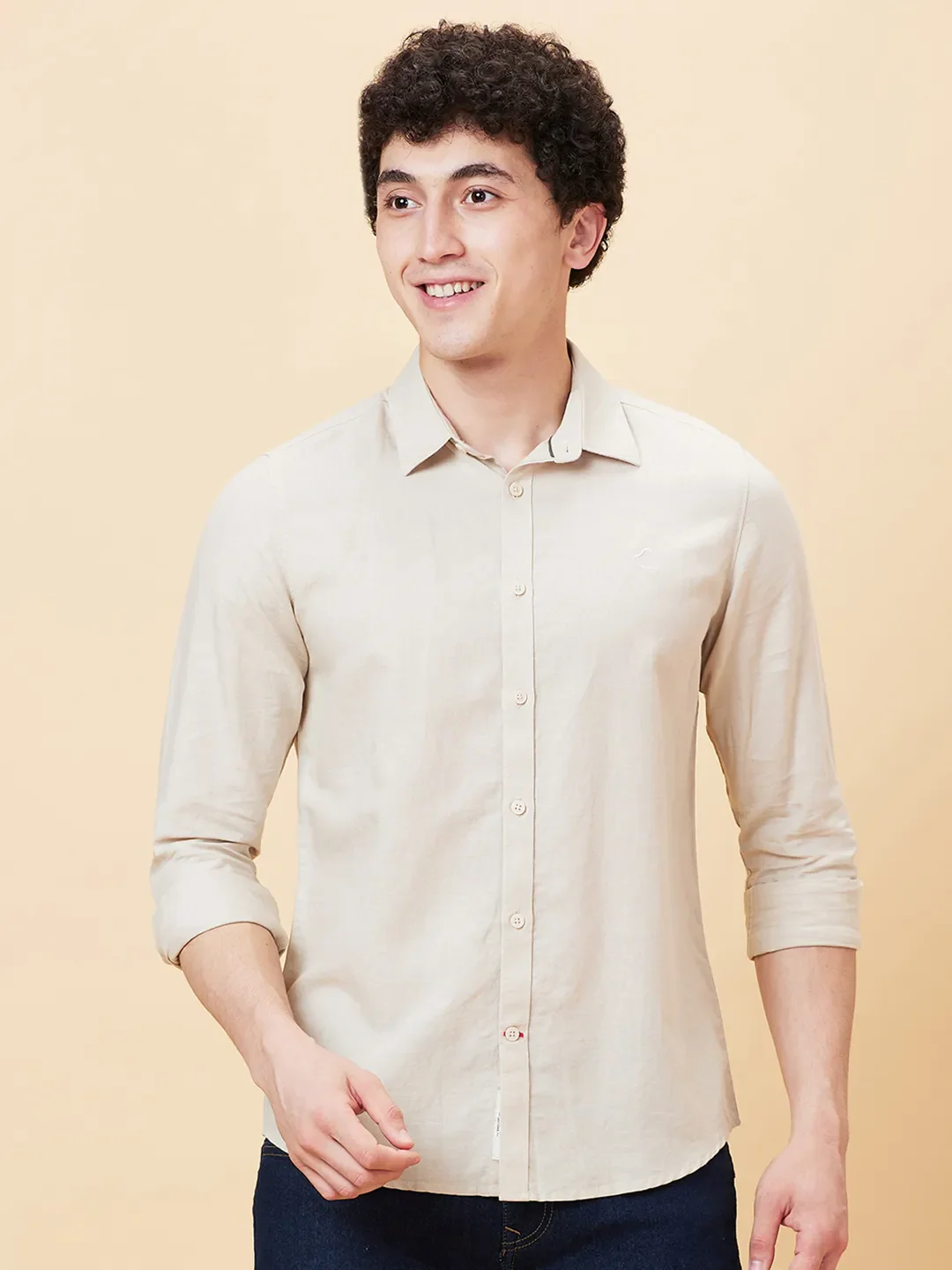Beige Slim Straight Fit Regular Collar Long Sleeves Men's Shirt by Being Human Clothing - Image 6