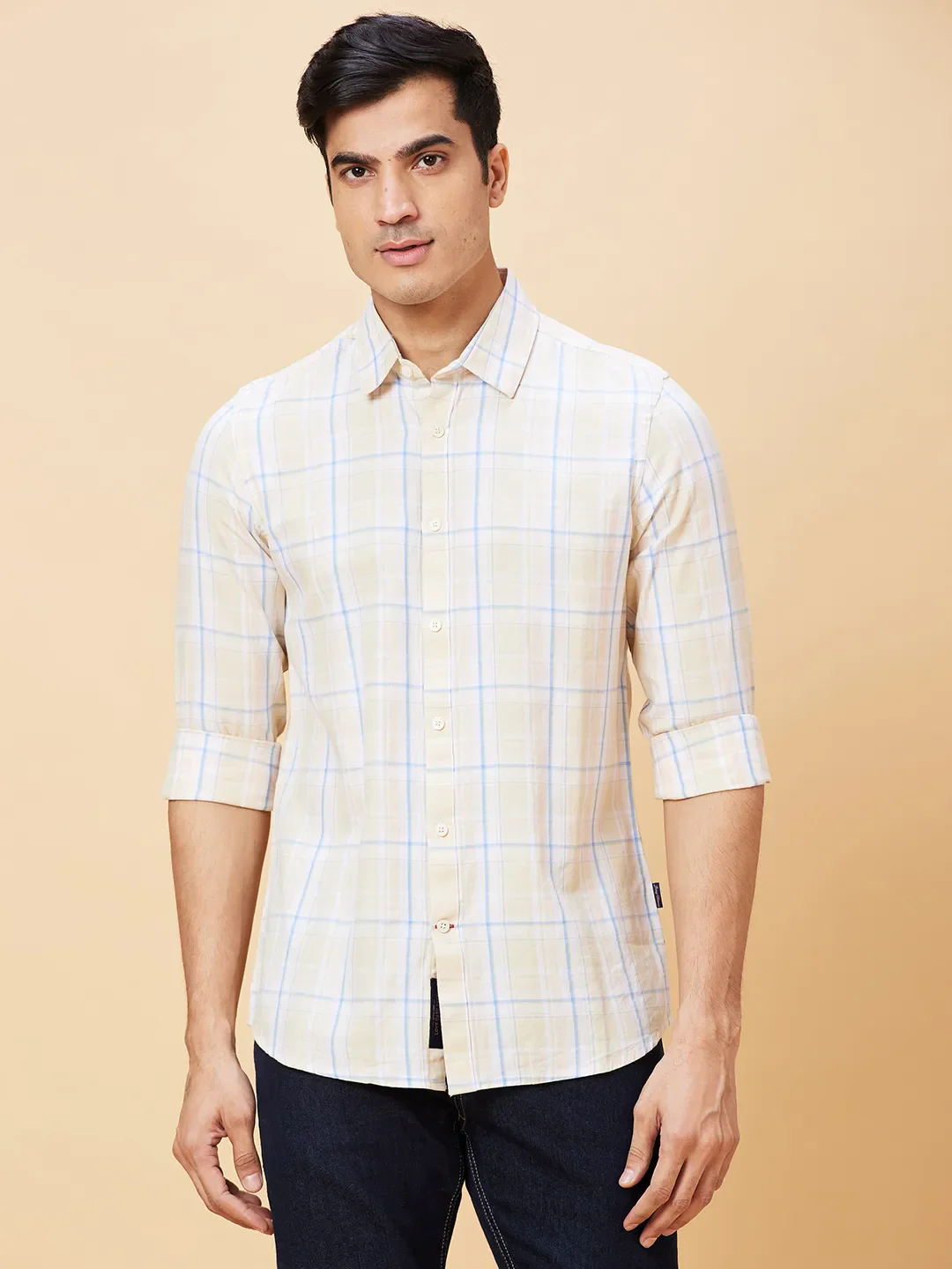 Beige Slim Straight Fit Regular Collar Long Sleeves Men's Shirt by Being Human Clothing