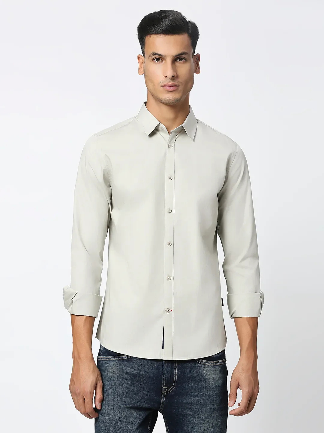Beige Slim Straight Fit Regular Collar Long Sleeves Men's Shirt by Being Human Clothing