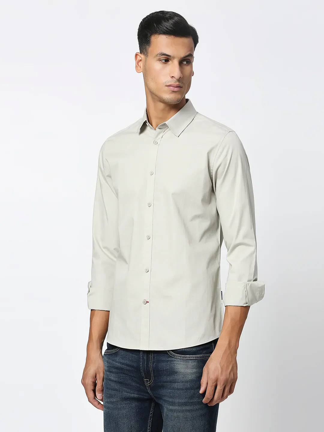 Beige Slim Straight Fit Regular Collar Long Sleeves Men's Shirt by Being Human Clothing - Image 2