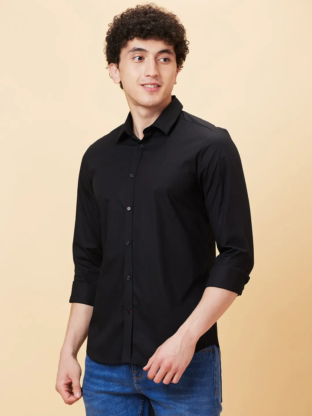Black Slim Straight Fit Regular Collar Long Sleeves Men's Shirt by Being Human Clothing - Image 3