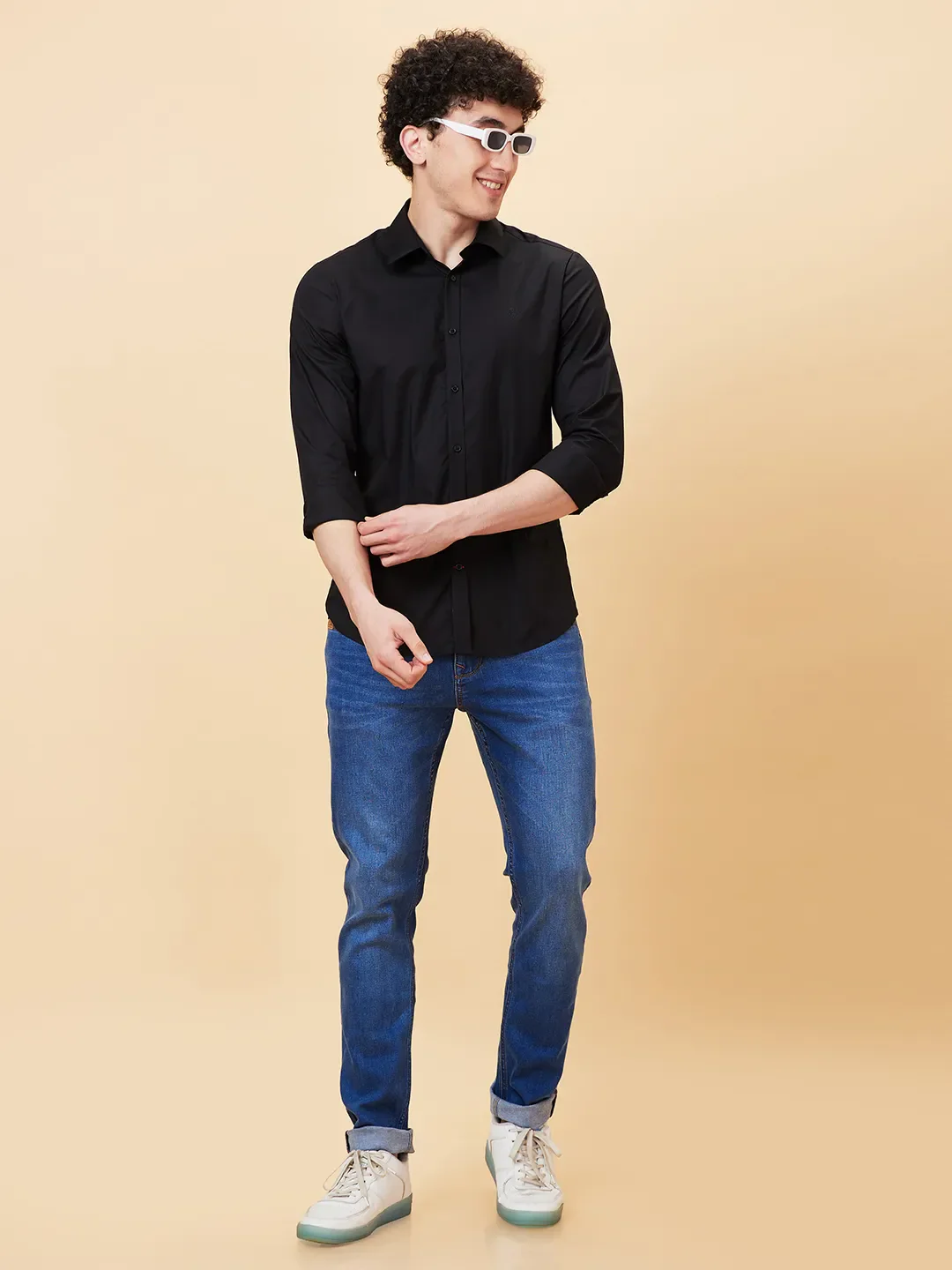 Black Slim Straight Fit Regular Collar Long Sleeves Men's Shirt by Being Human Clothing - Image 6