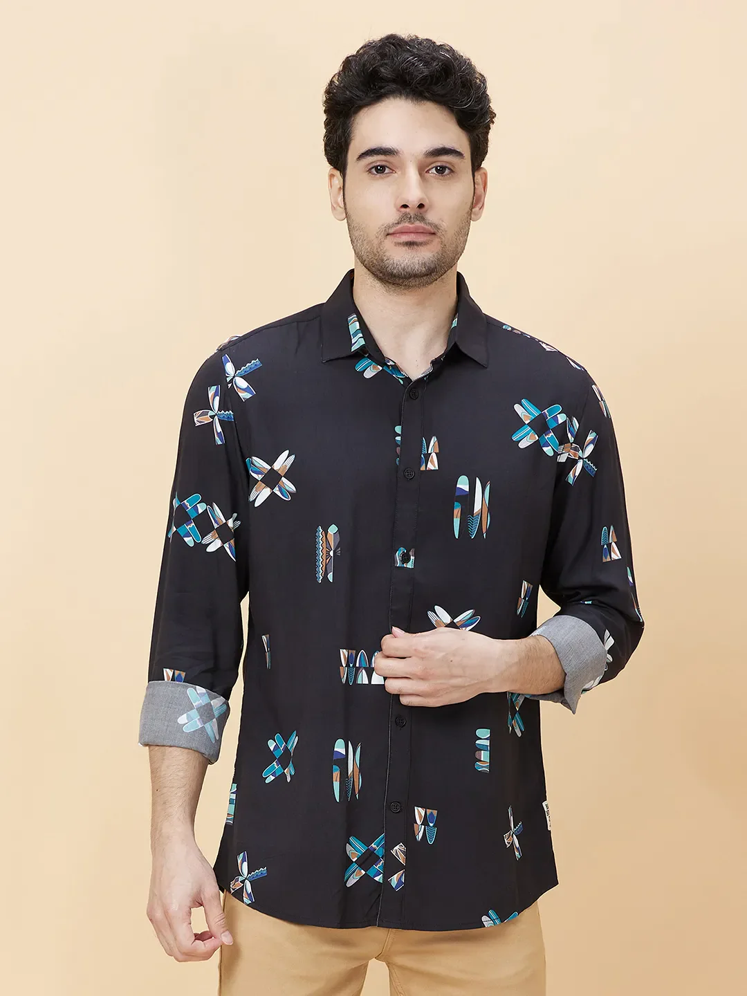 Black Slim Straight Fit Regular Collar Long Sleeves Men's Shirt by Being Human Clothing