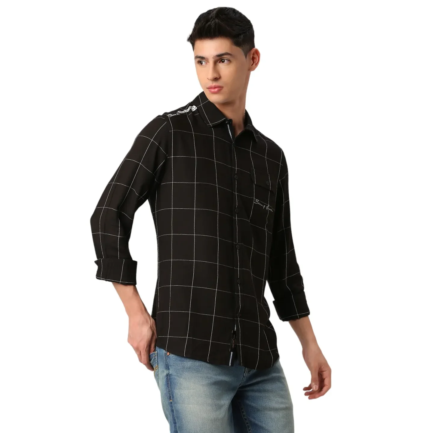 Black Slim Straight Fit Regular Collar Long Sleeves Men's Shirt by Being Human Clothing - Image 3