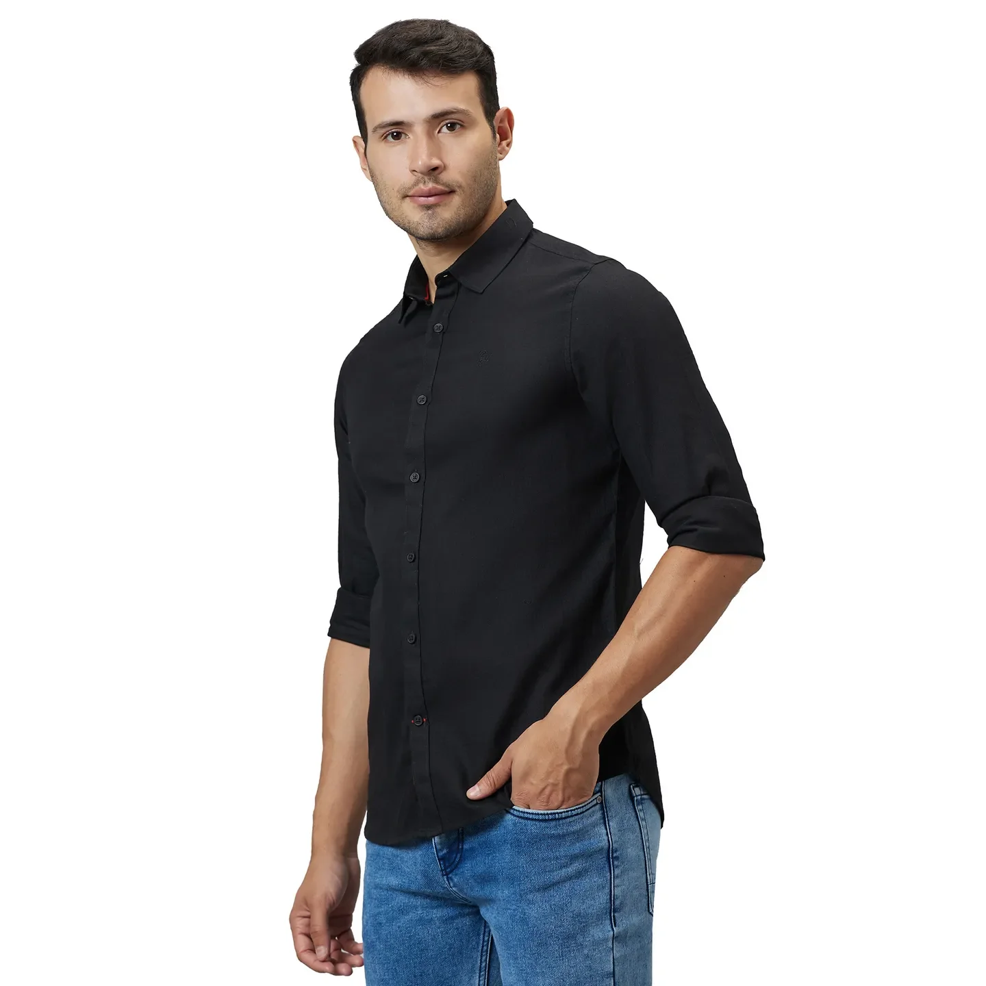 Black Slim Straight Fit Regular Collar Long Sleeves Men's Shirt by Being Human Clothing - Image 4