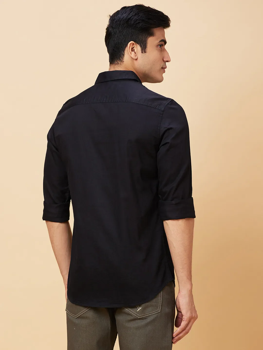 Black Slim Straight Fit Regular Collar Long Sleeves Men's Shirt by Being Human Clothing - Image 4