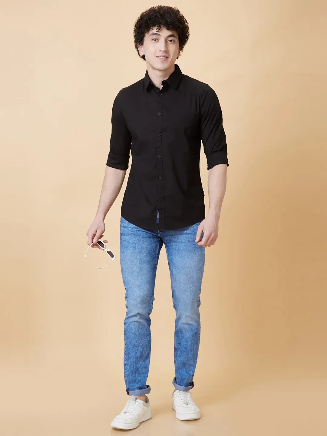 Black Slim Straight Fit Regular Collar Long Sleeves Men's Shirt by Being Human Clothing - Image 2