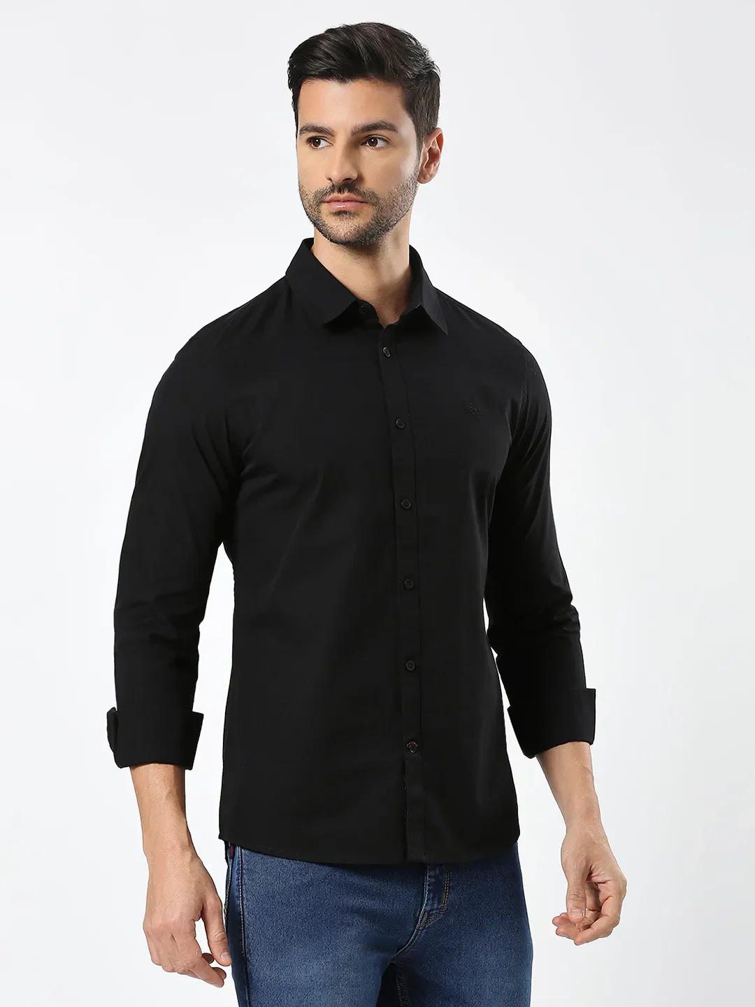 Black Slim Straight Fit Regular Collar Long Sleeves Men's Shirt by Being Human Clothing - Image 3