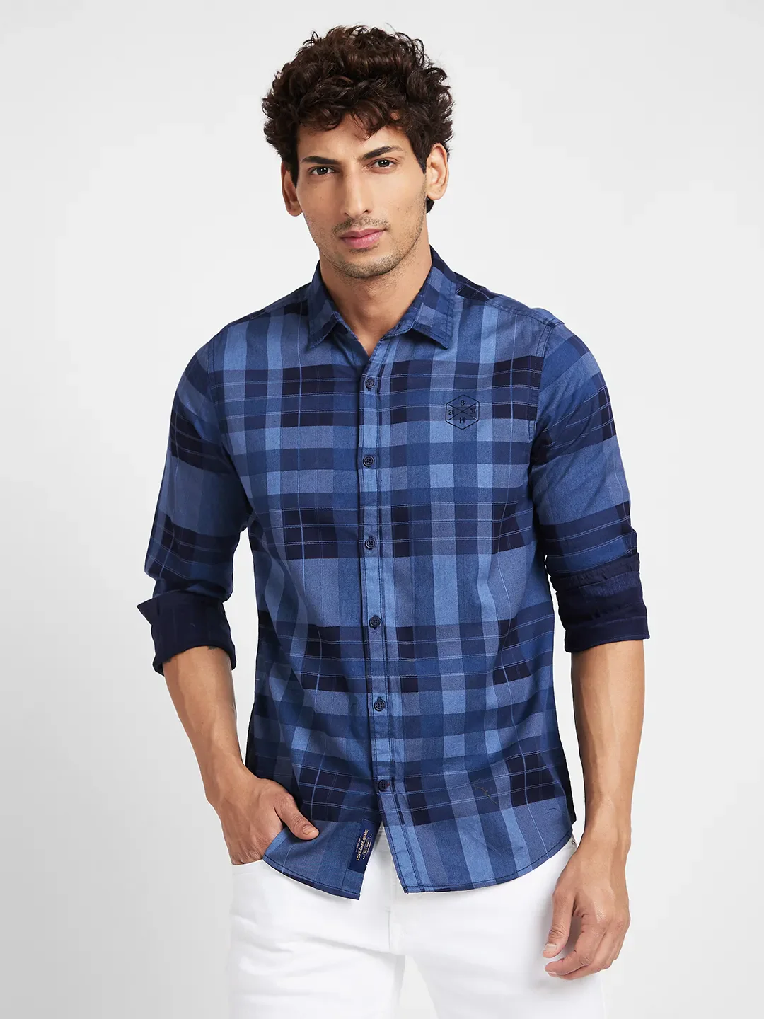Blue Slim Straight Fit Regular Collar Long Sleeves Men's Shirt by Being Human Clothing
