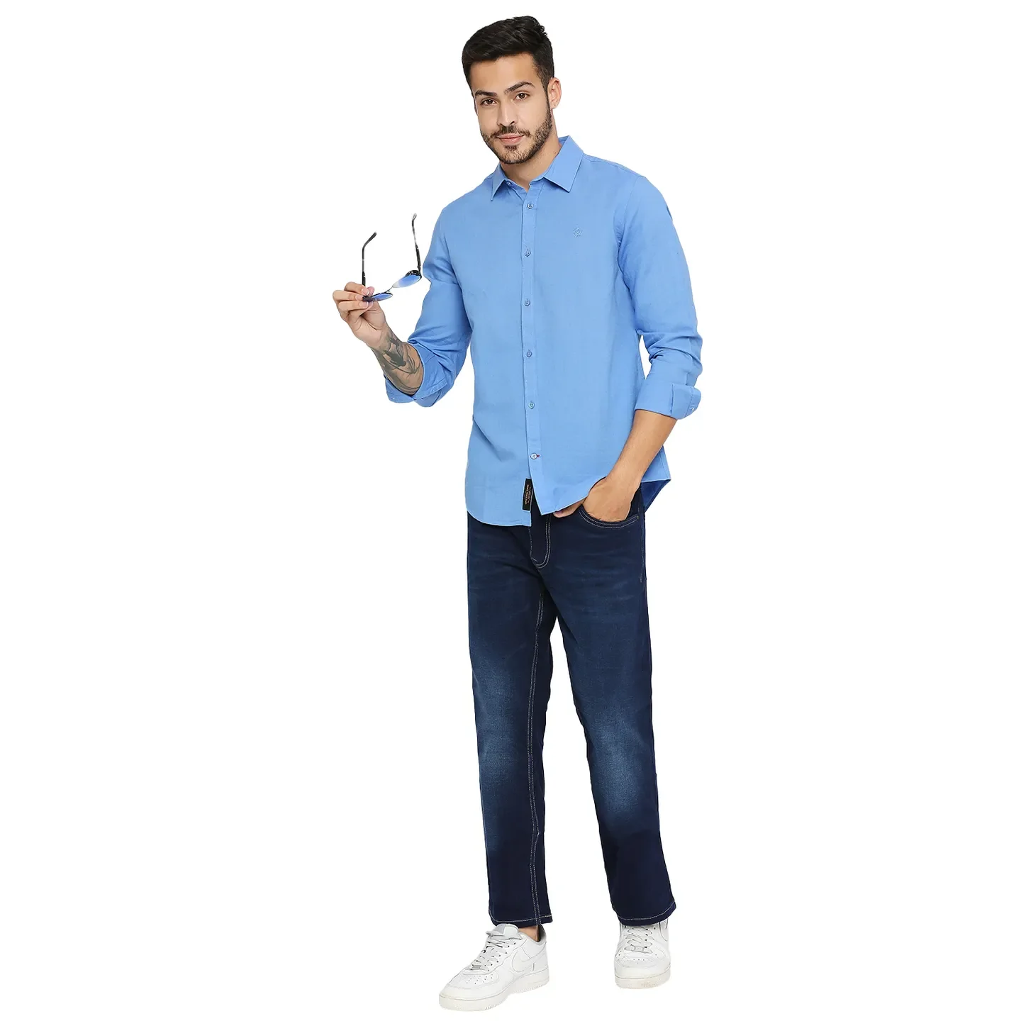 Blue Slim Straight Fit Regular Collar Long Sleeves Men's Shirt by Being Human Clothing