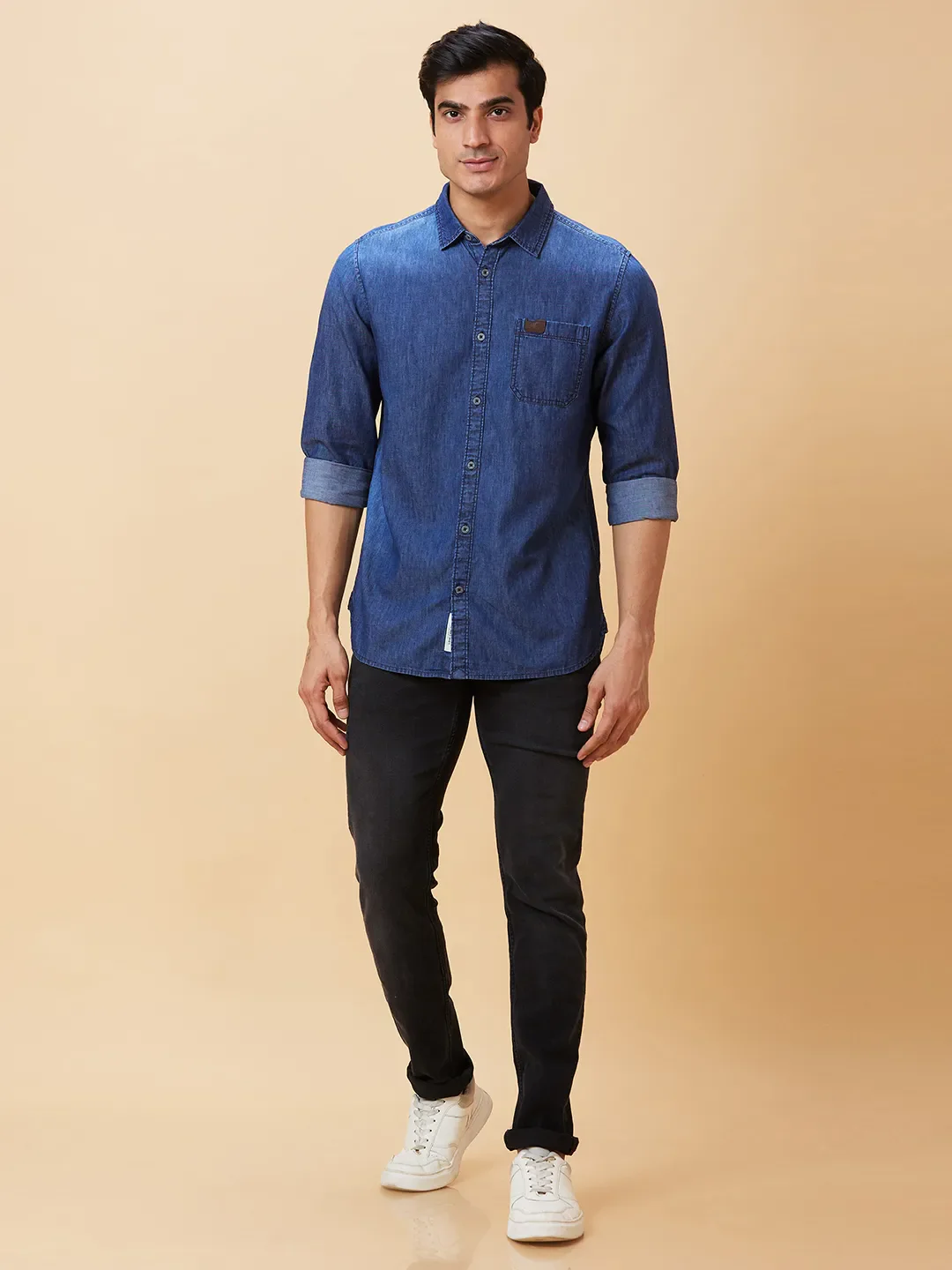 Blue Slim Straight Fit Regular Collar Long Sleeves Men's Shirt by Being Human Clothing