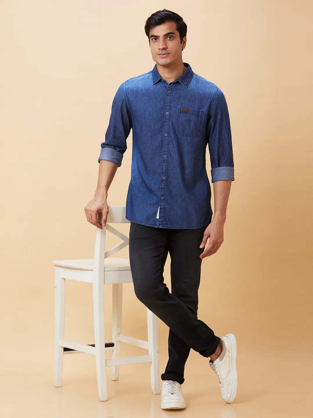 Blue Slim Straight Fit Regular Collar Long Sleeves Men's Shirt by Being Human Clothing - Image 5