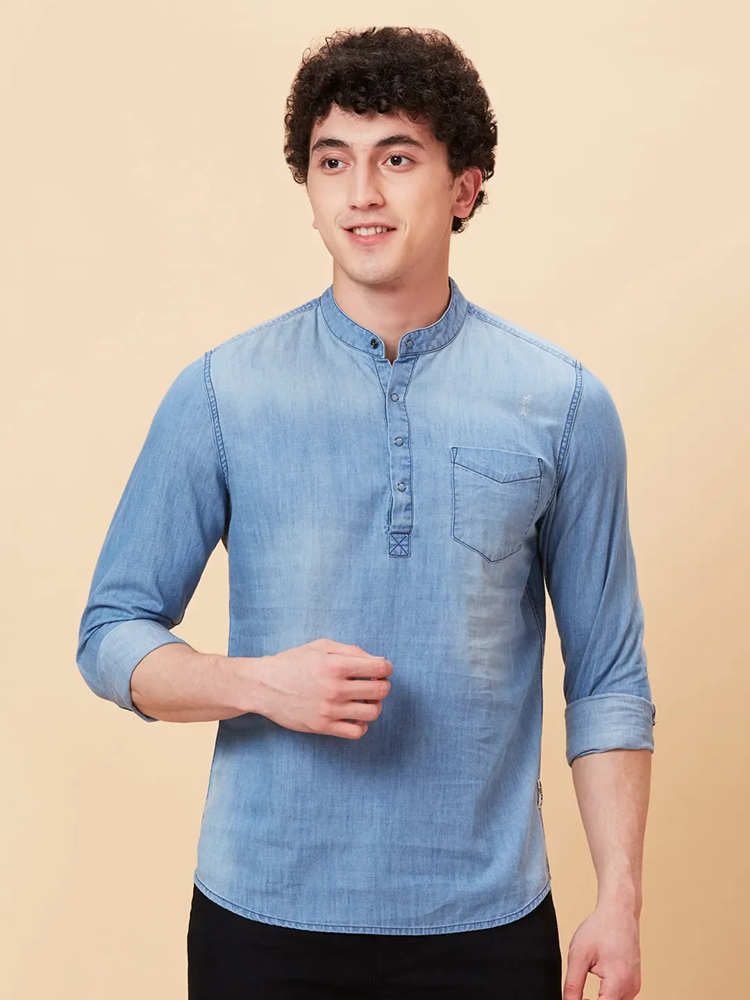 Blue Slim Straight Fit Regular Collar Long Sleeves Men's Shirt by Being Human Clothing