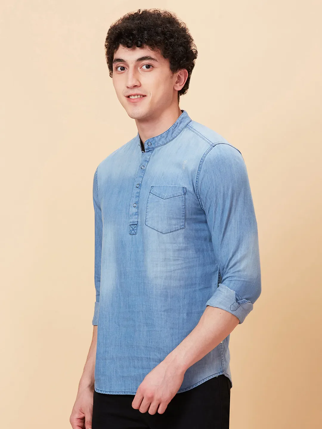 Blue Slim Straight Fit Regular Collar Long Sleeves Men's Shirt by Being Human Clothing - Image 4