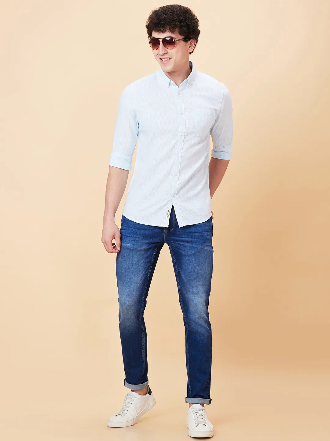 Blue Slim Straight Fit Regular Collar Long Sleeves Men's Shirt by Being Human Clothing - Image 6