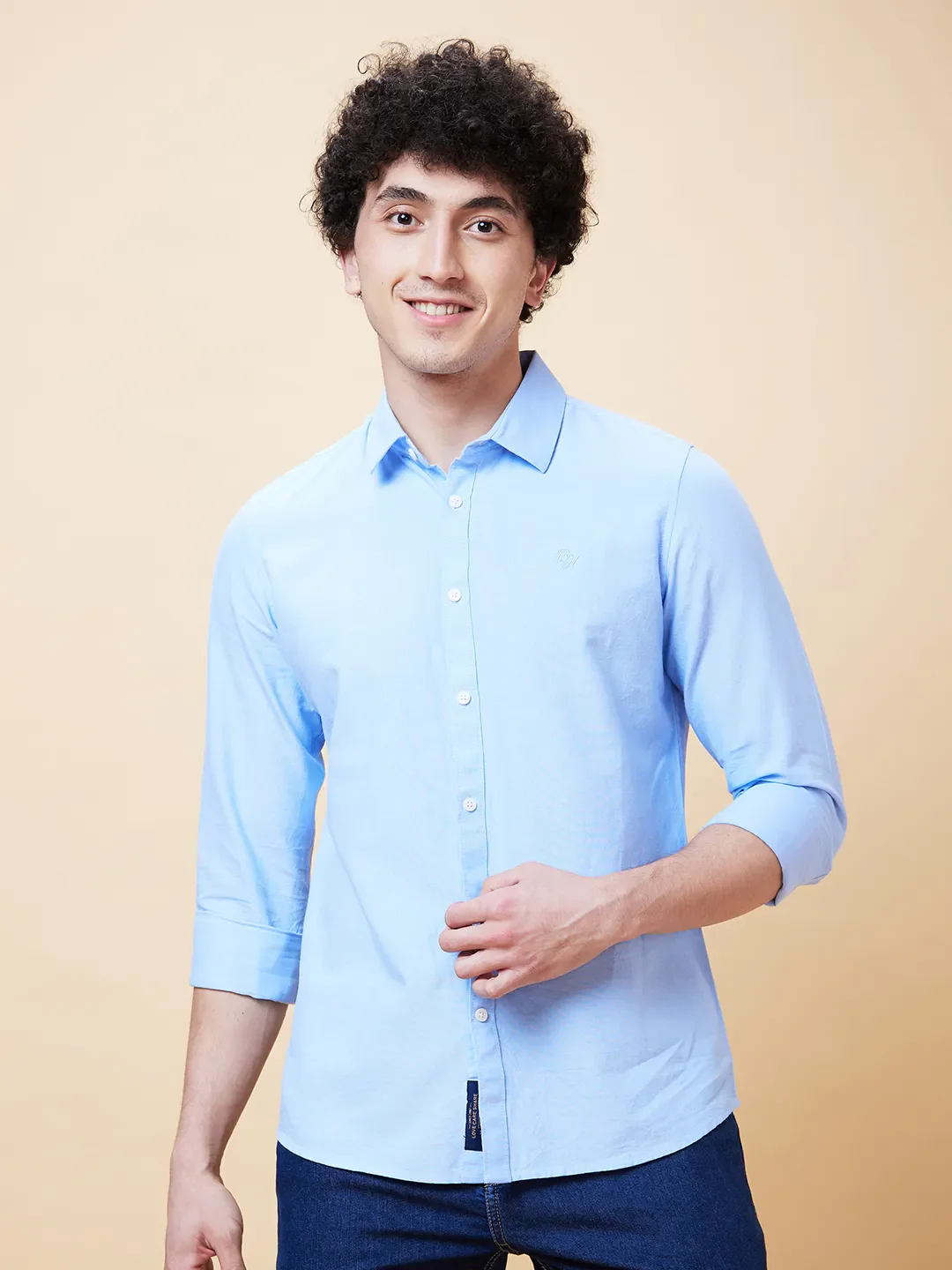 Blue Slim Straight Fit Regular Collar Long Sleeves Men's Shirt by Being Human Clothing