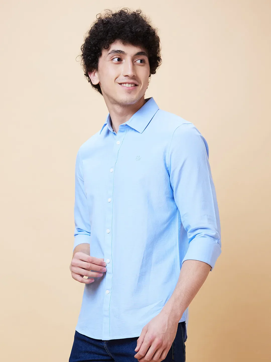 Blue Slim Straight Fit Regular Collar Long Sleeves Men's Shirt by Being Human Clothing - Image 4