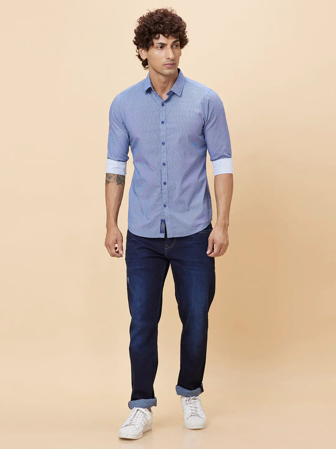 Blue Slim Straight Fit Regular Collar Long Sleeves Men's Shirt by Being Human Clothing