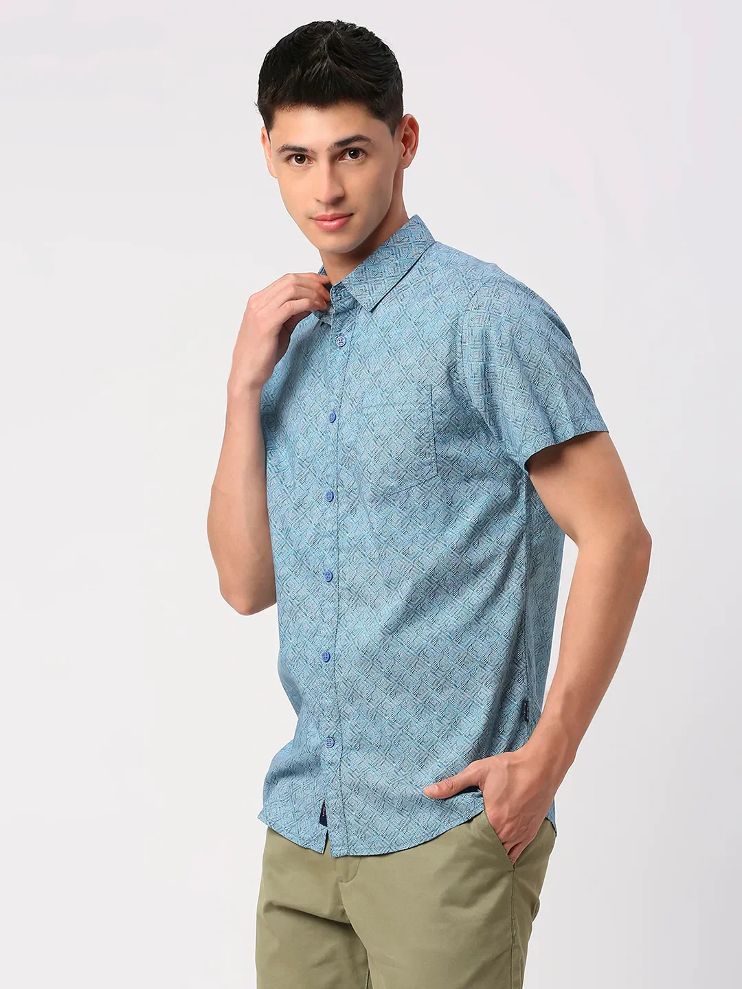 Blue Slim Straight Fit Regular Collar Short Sleeves Men's Shirt by Being Human Clothing - Image 2