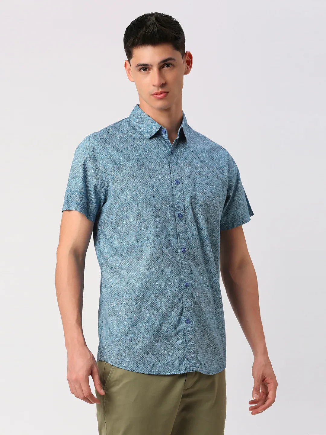 Blue Slim Straight Fit Regular Collar Short Sleeves Men's Shirt by Being Human Clothing - Image 3