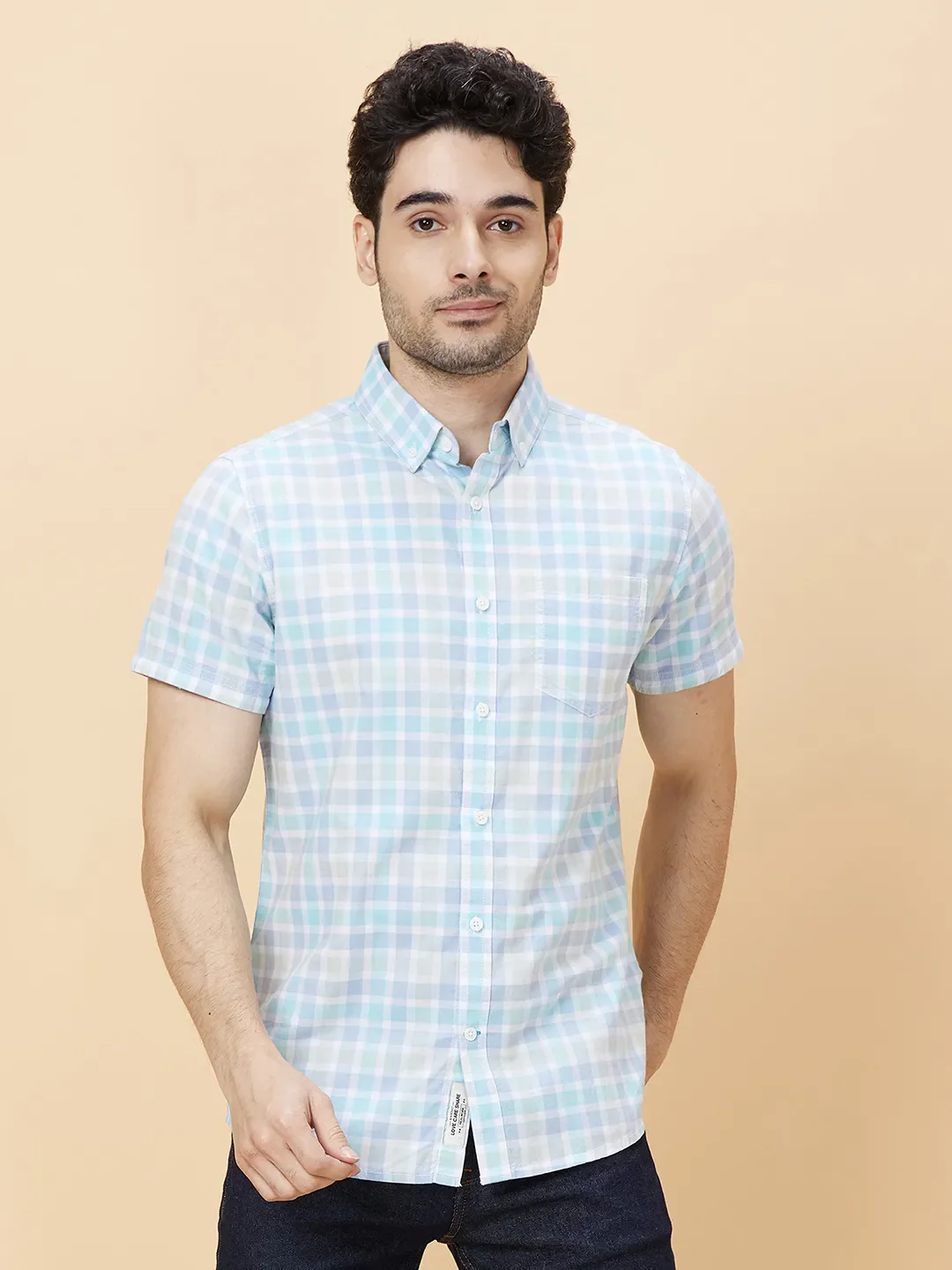 Blue Slim Straight Fit Regular Collar Short Sleeves Men's Shirt by Being Human Clothing