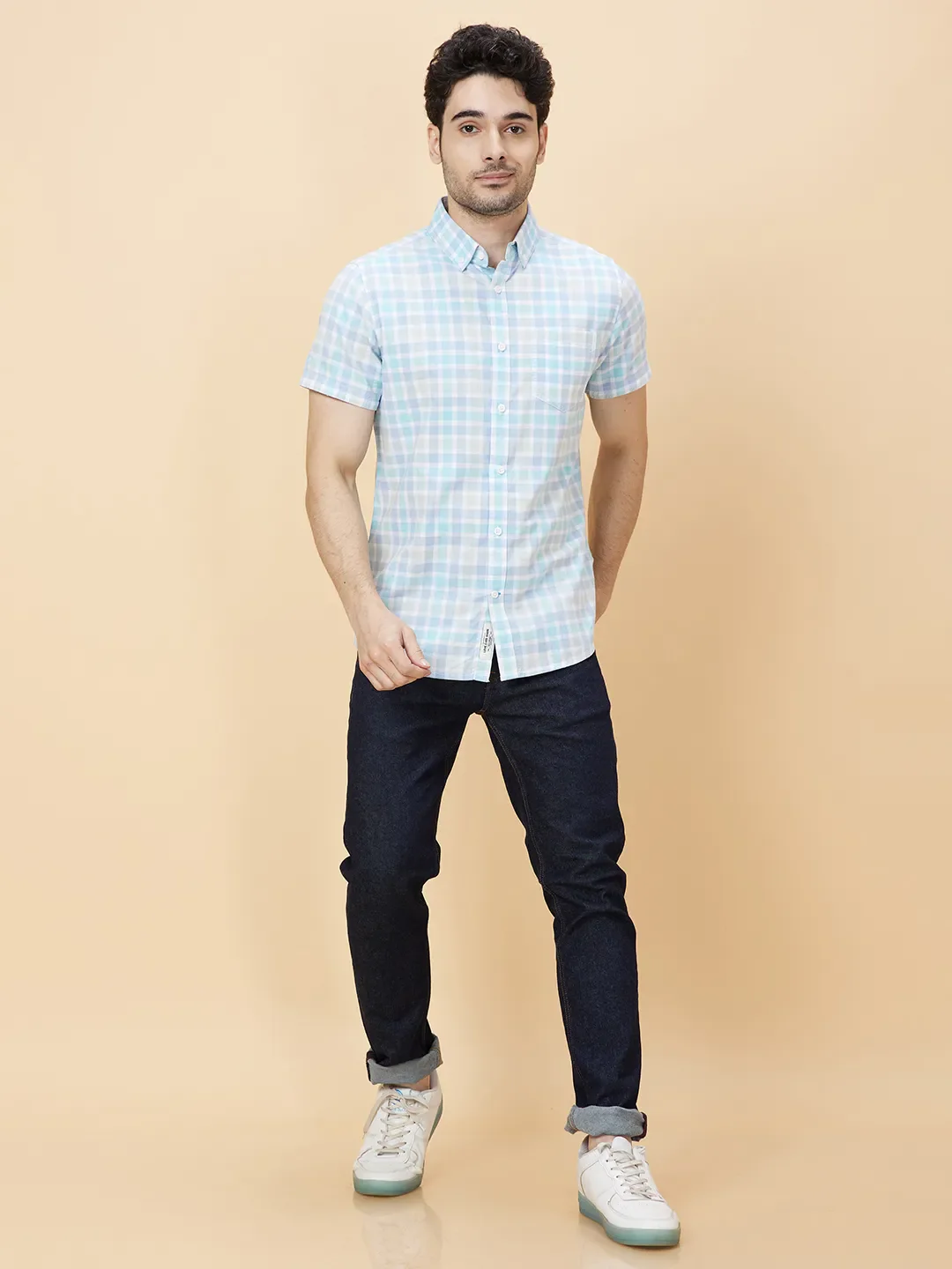 Blue Slim Straight Fit Regular Collar Short Sleeves Men's Shirt by Being Human Clothing - Image 2