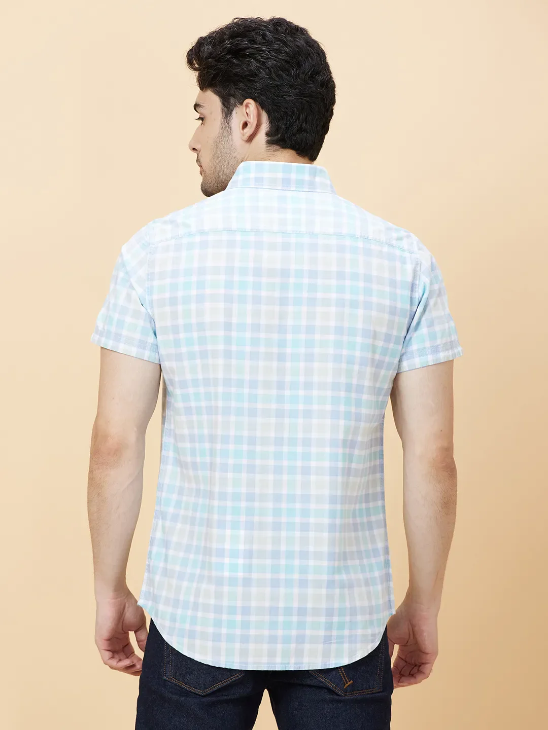 Blue Slim Straight Fit Regular Collar Short Sleeves Men's Shirt by Being Human Clothing - Image 4