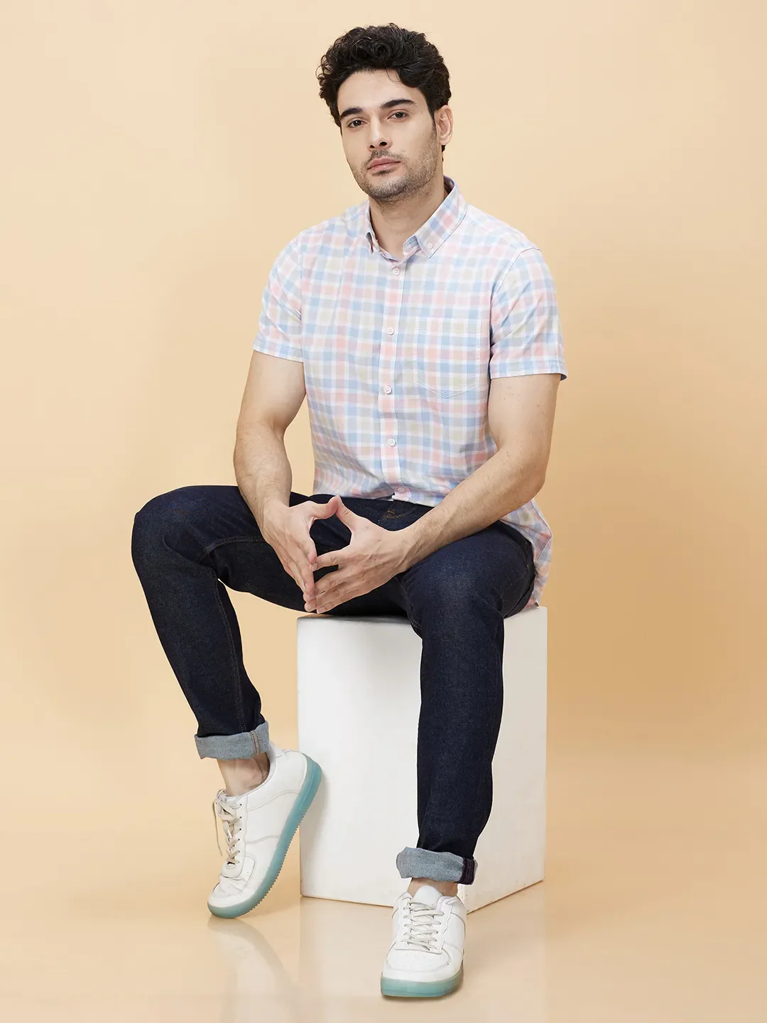 Blue Slim Straight Fit Regular Collar Short Sleeves Men's Shirt by Being Human Clothing - Image 6