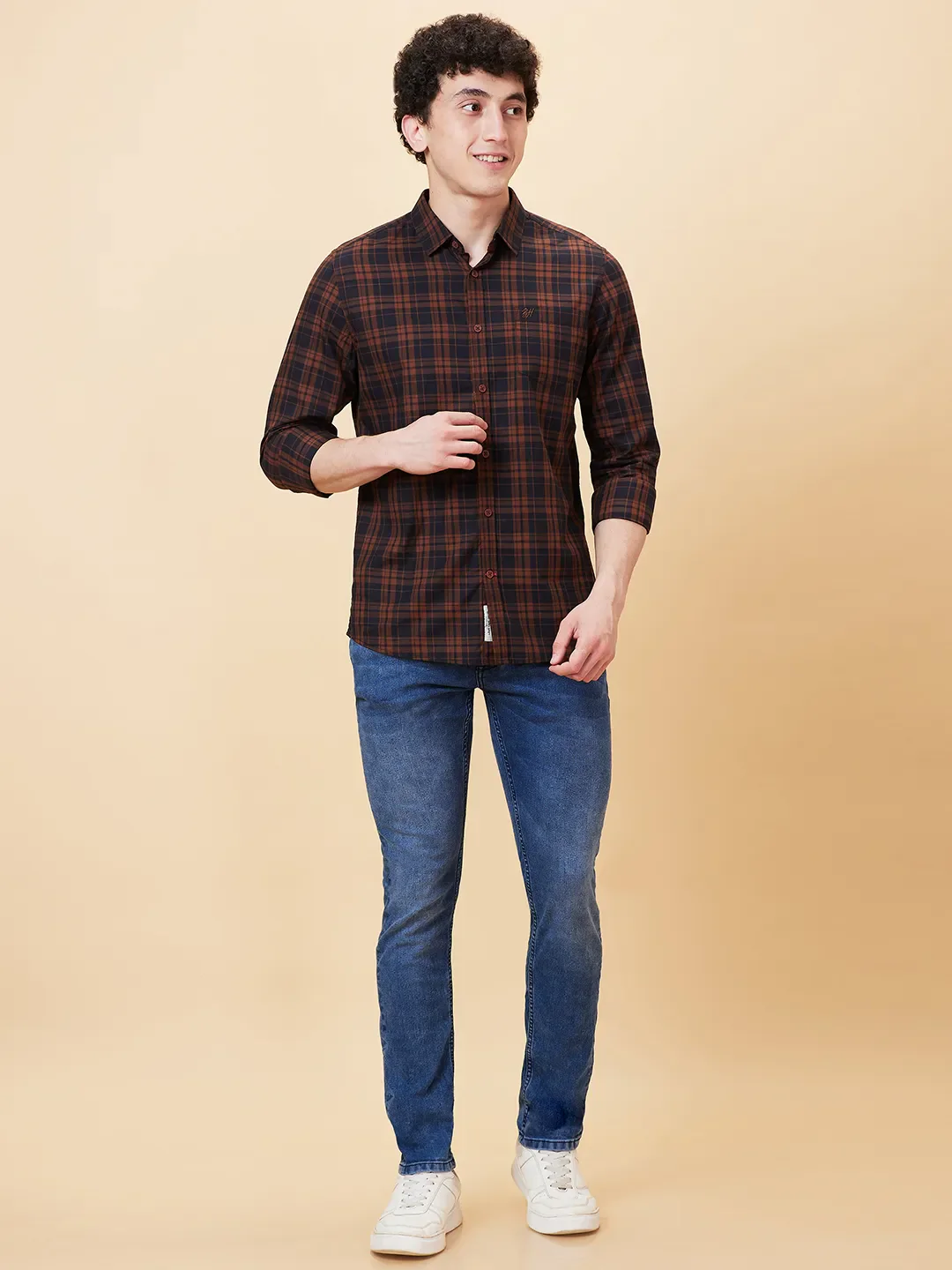Brown Slim Fit Regular Collar Men's Shirt by Being Human Clothing