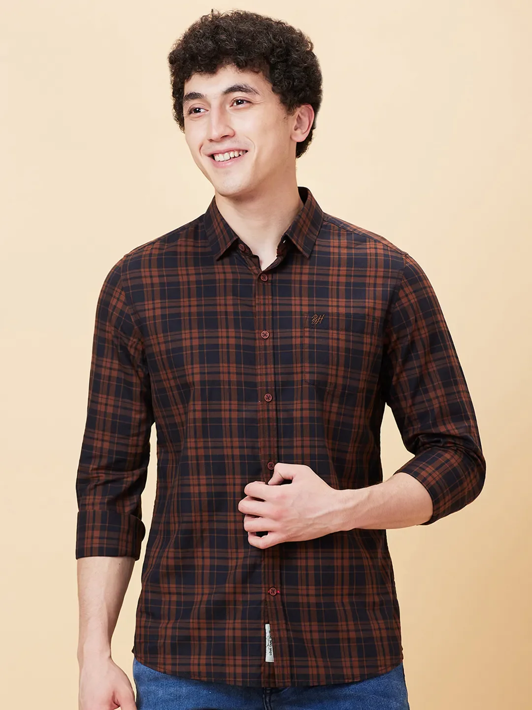 Brown Slim Fit Regular Collar Men's Shirt by Being Human Clothing - Image 6