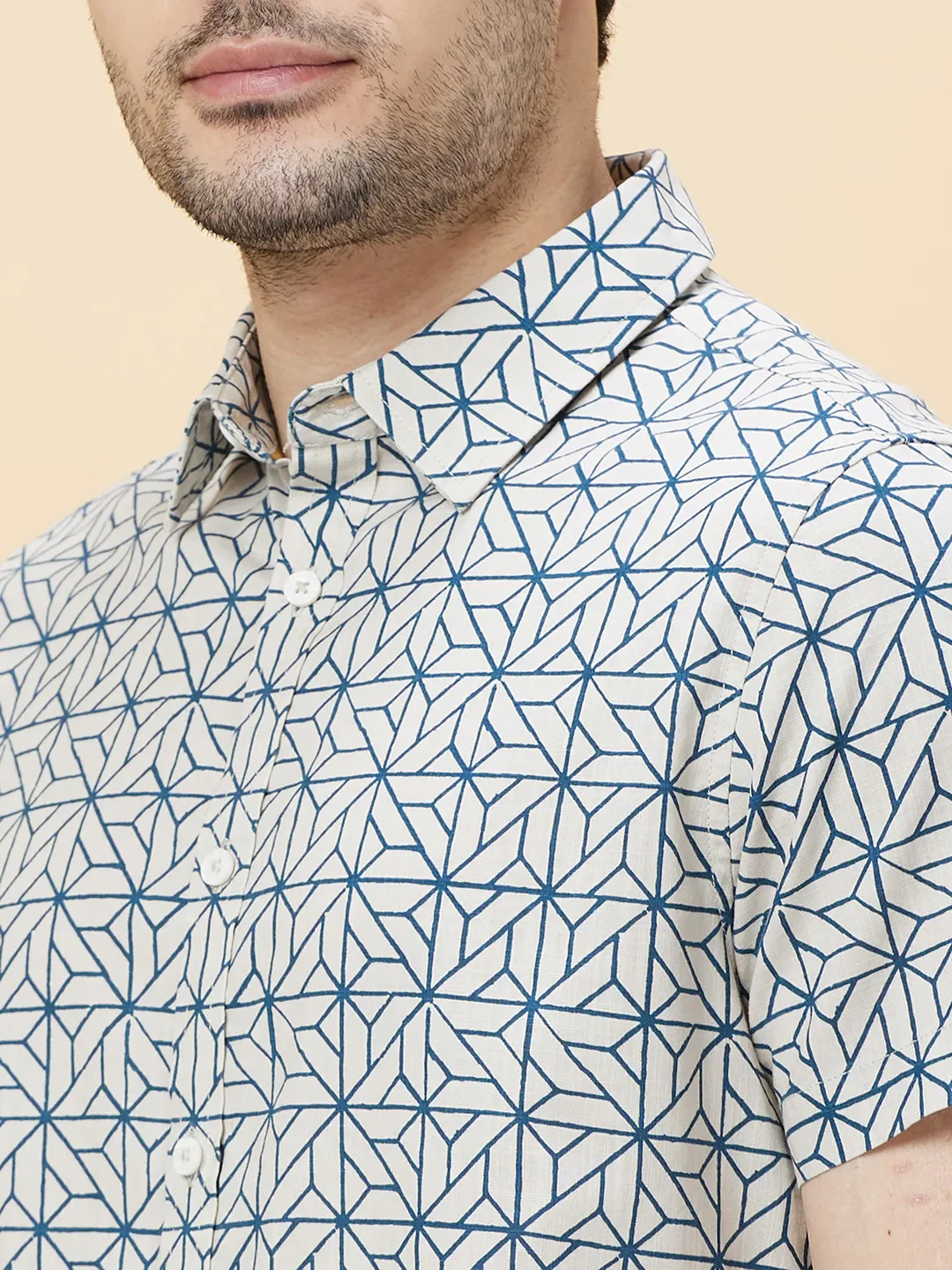 Beige Slim Straight Fit Regular Collar Short Sleeves Men's Shirt by Being Human Clothing - Image 5