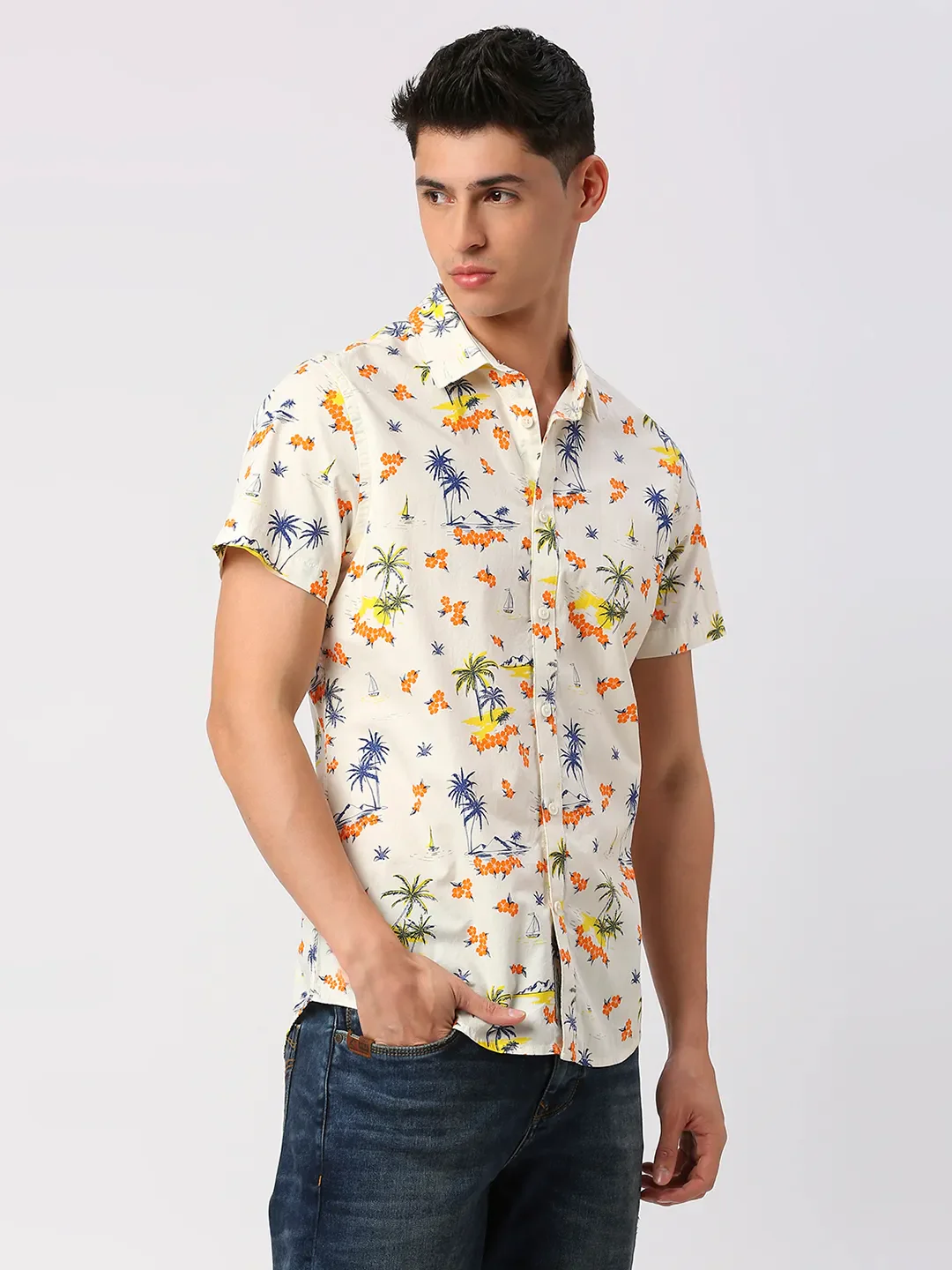 Off White Slim Fit Regular Collar Men's Shirt by Being Human Clothing - Image 3
