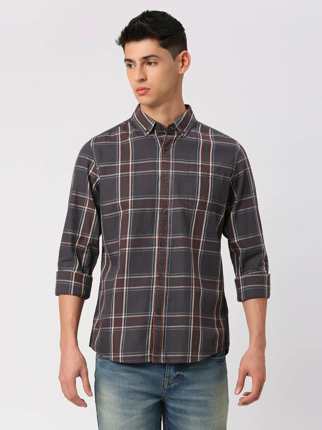 Grey Slim Fit Regular Collar Men's Shirt by Being Human Clothing