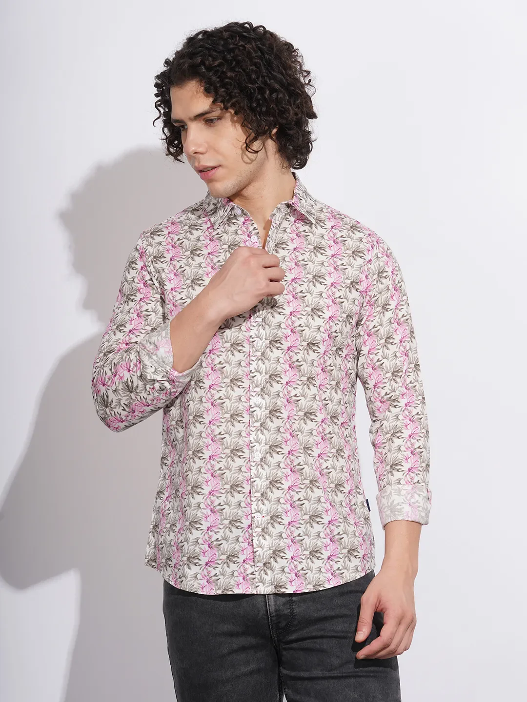 Cream Slim Fit Regular Collar Men's Shirt by Being Human Clothing
