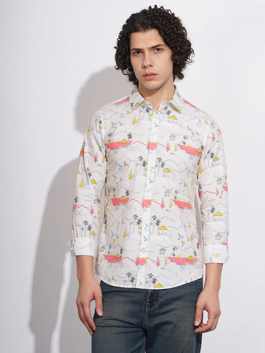 Cream Slim Fit Regular Collar Men's Shirt by Being Human Clothing