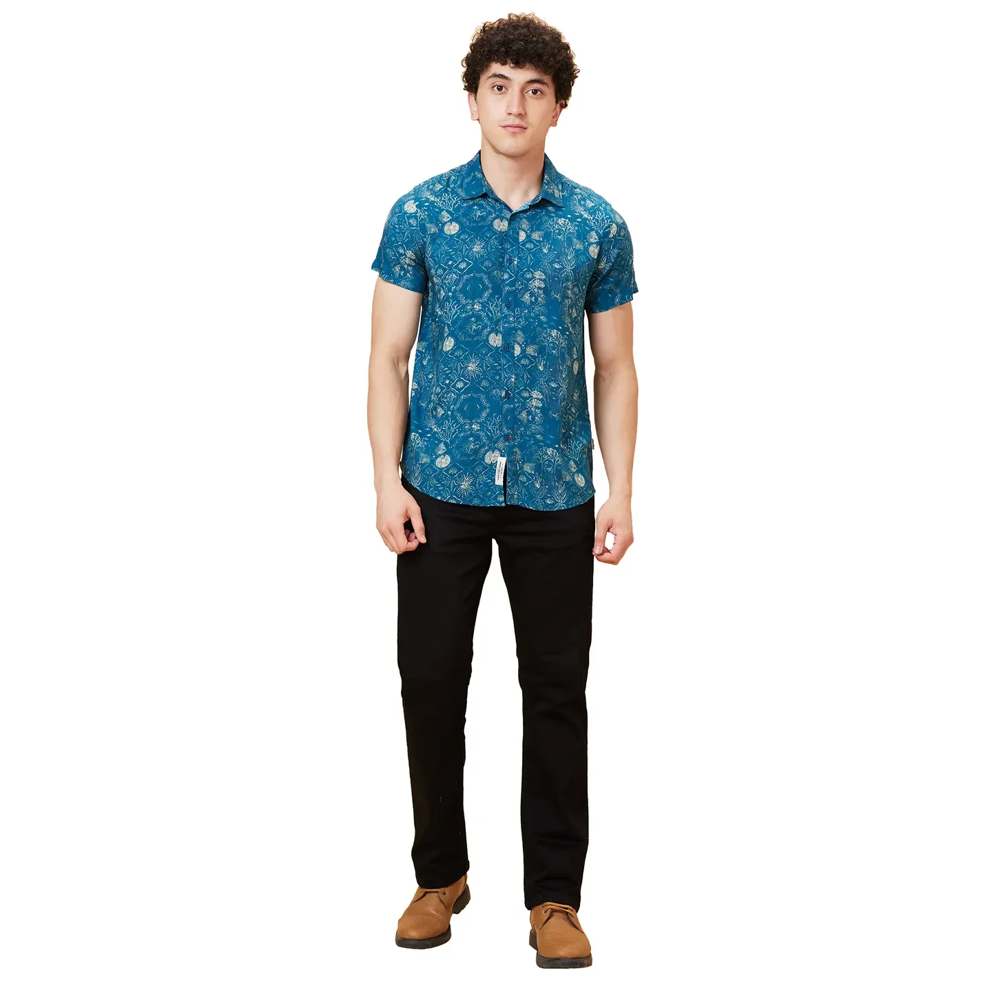 Blue Slim Straight Fit Regular Collar Short Sleeves Men's Shirt by Being Human Clothing - Image 5