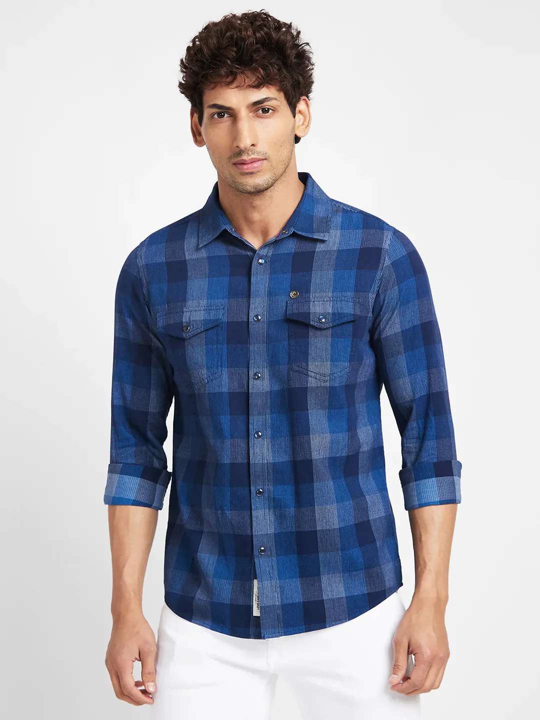 Blue Slim Straight Fit Regular Collar Long Sleeves Men's Shirt by Being Human Clothing