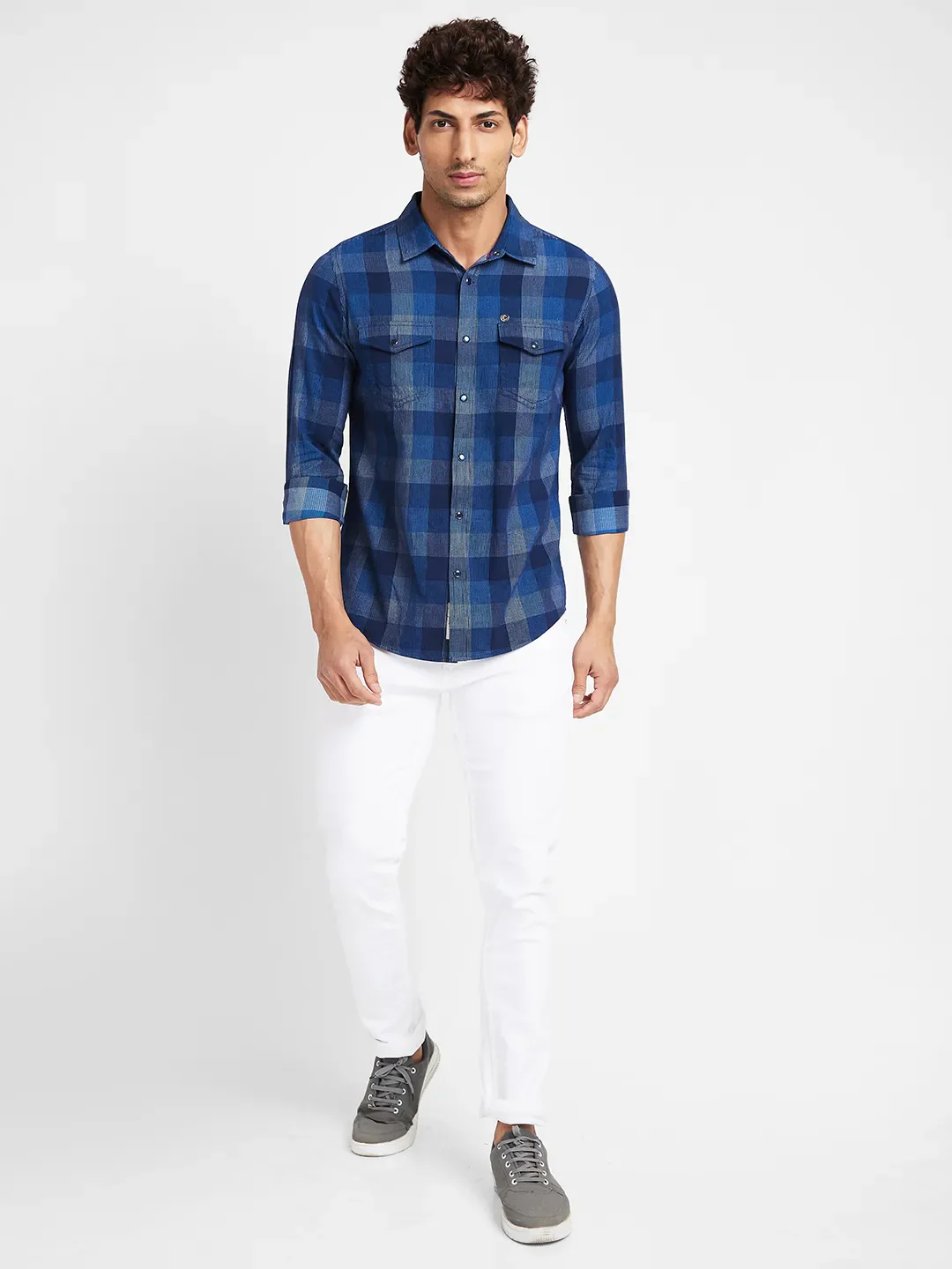 Blue Slim Straight Fit Regular Collar Long Sleeves Men's Shirt by Being Human Clothing - Image 5