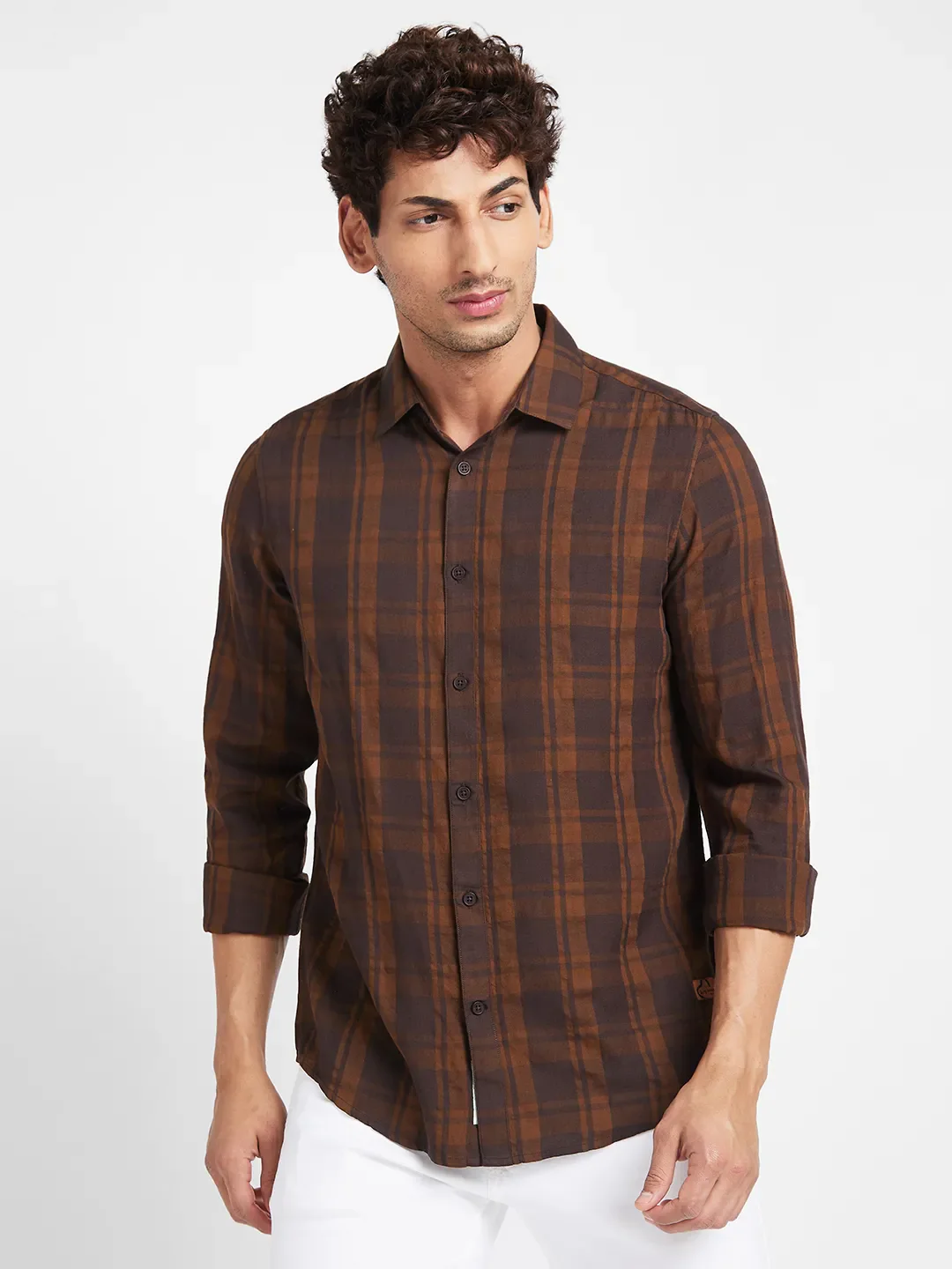 Brown Slim Fit Regular Collar Men's Shirt by Being Human Clothing