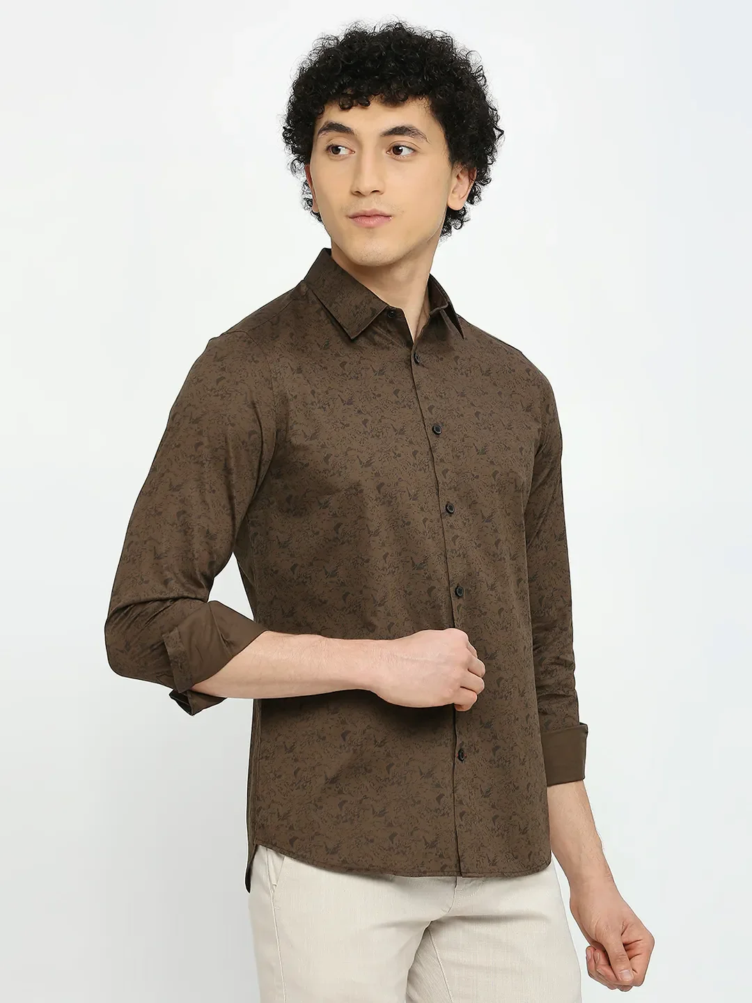 Brown Slim Straight Fit Regular Collar Long Sleeves Men's Shirt by Being Human Clothing - Image 3