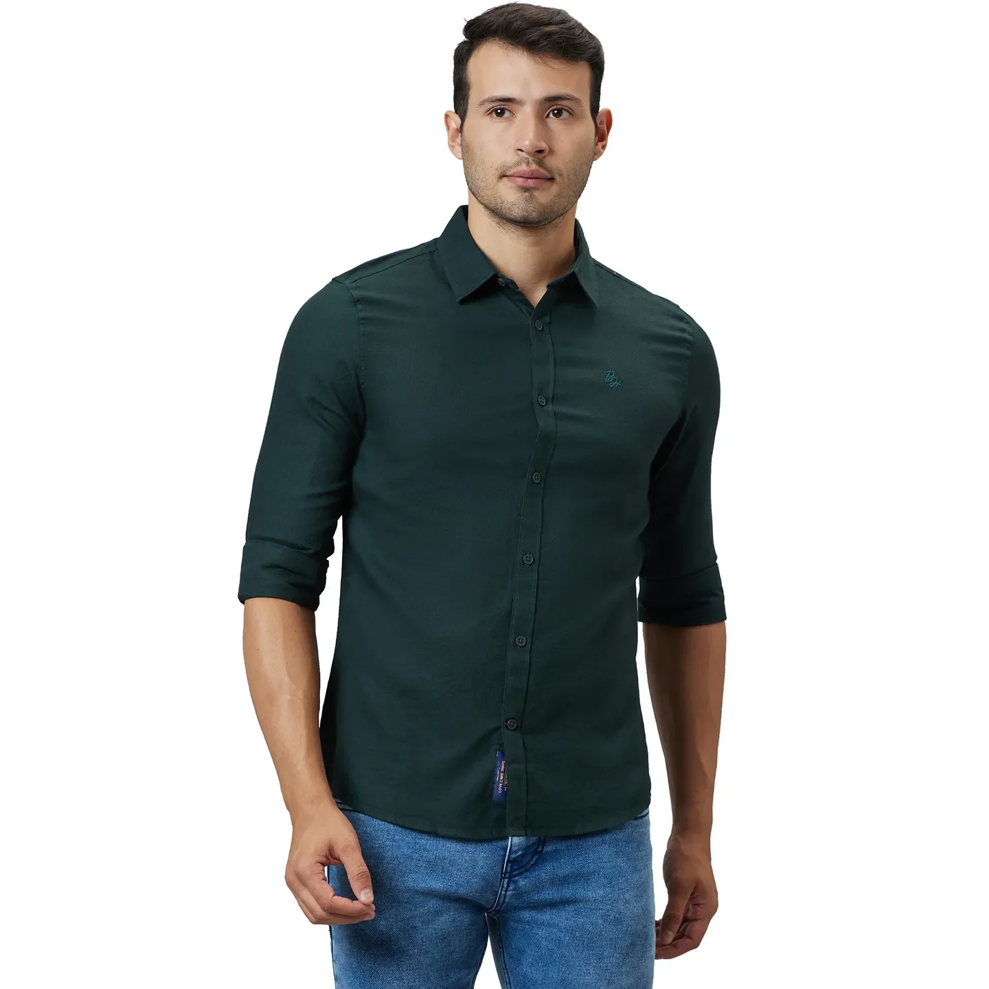 Green Slim Straight Fit Regular Collar Long Sleeves Men's Shirt by Being Human Clothing