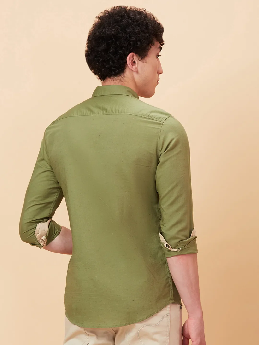 Olive Slim Straight Fit Regular Collar Long Sleeves Men's Shirt by Being Human Clothing - Image 3