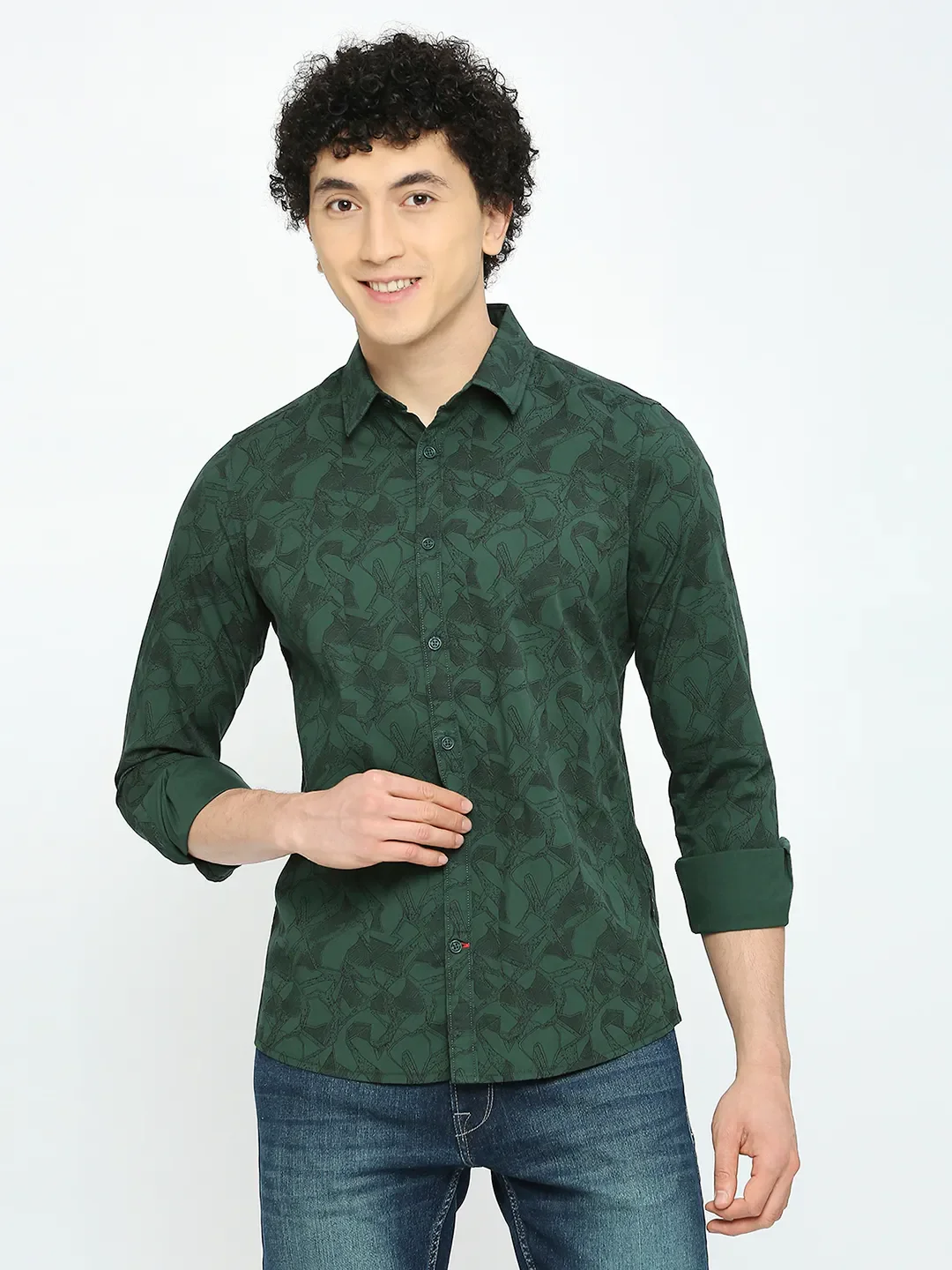 Green Slim Straight Fit Regular Collar Long Sleeves Men's Shirt by Being Human Clothing