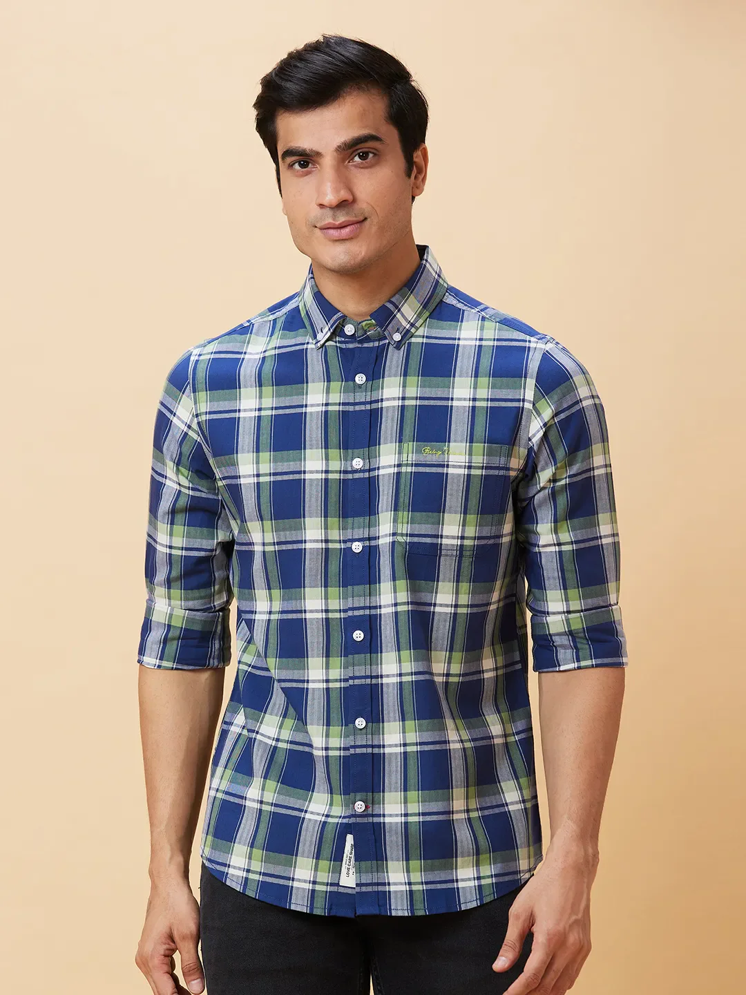 Green Slim Straight Fit Regular Collar Long Sleeves Men's Shirt by Being Human Clothing