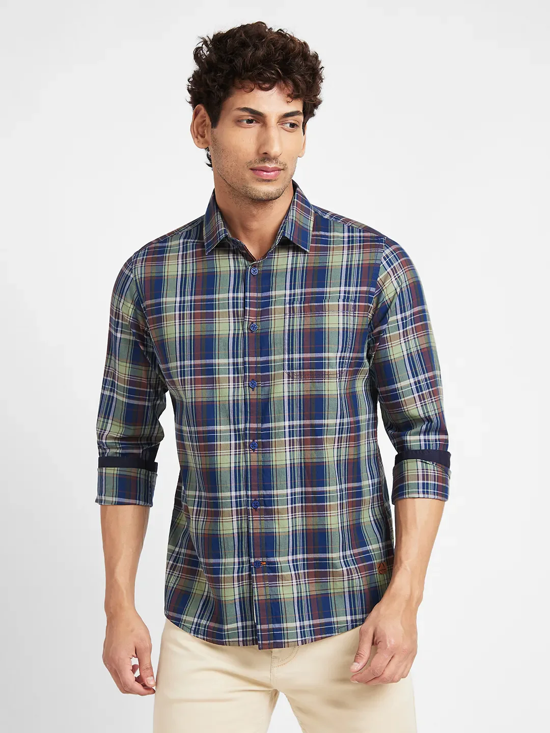 Green Slim Straight Fit Regular Collar Long Sleeves Men's Shirt by Being Human Clothing