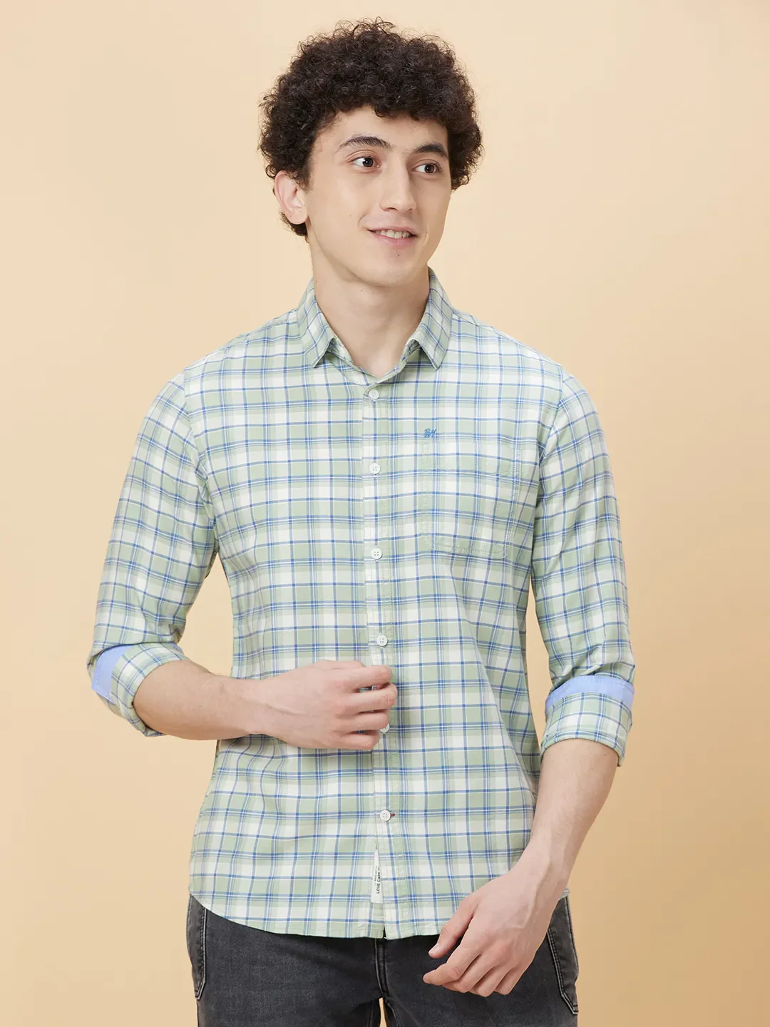 Green Slim Straight Fit Regular Collar Long Sleeves Men's Shirt by Being Human Clothing