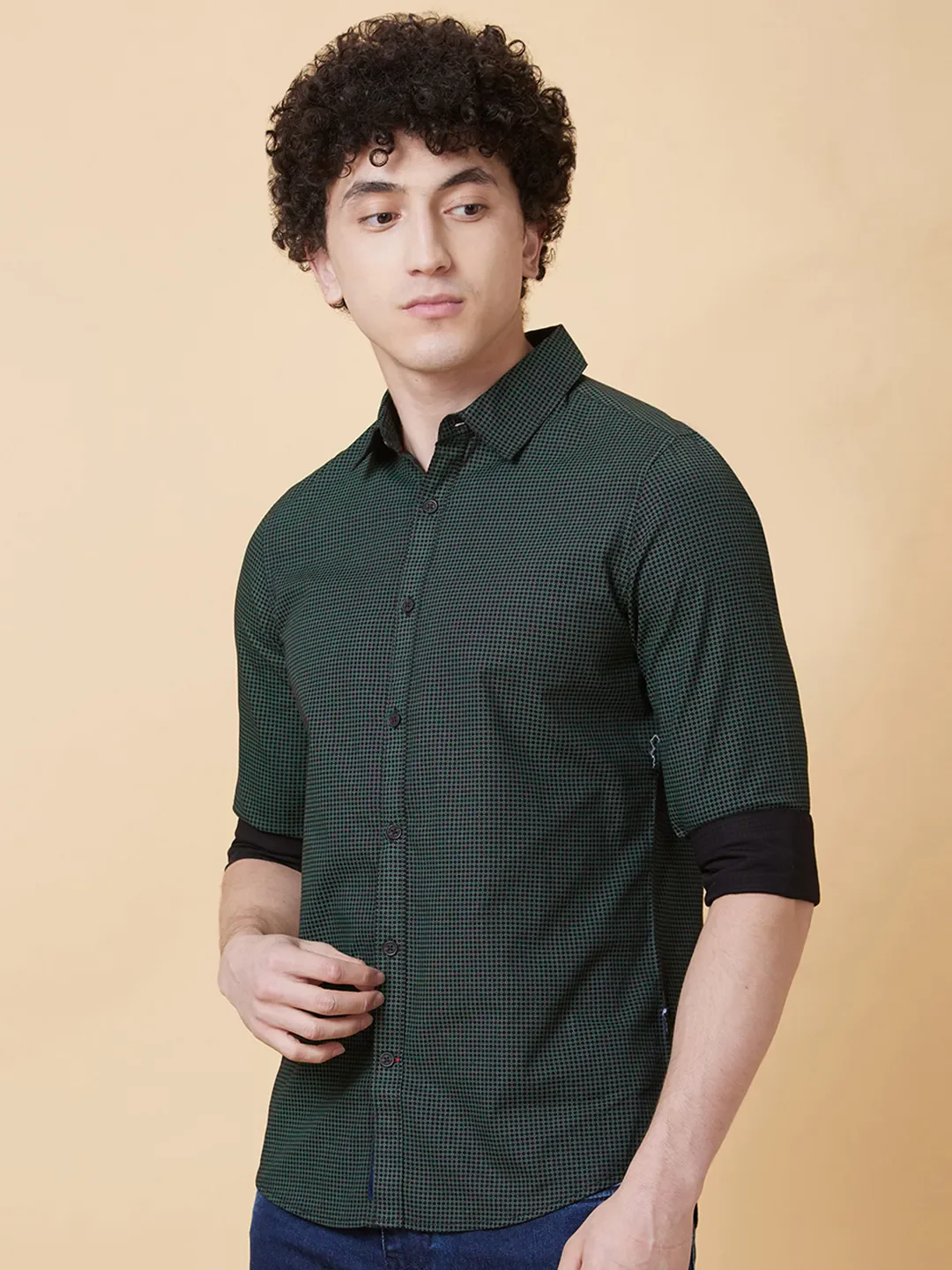 Green Slim Straight Fit Regular Collar Long Sleeves Men's Shirt by Being Human Clothing - Image 3