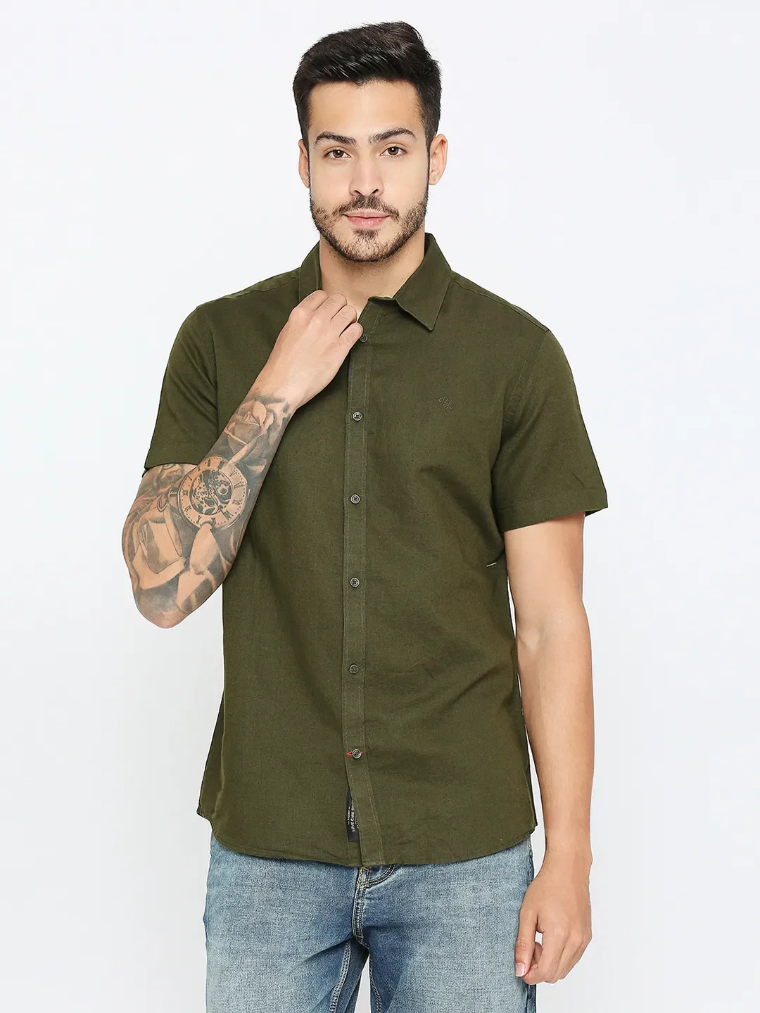 Green Slim Straight Fit Regular Collar Short Sleeves Men's Shirt by Being Human Clothing