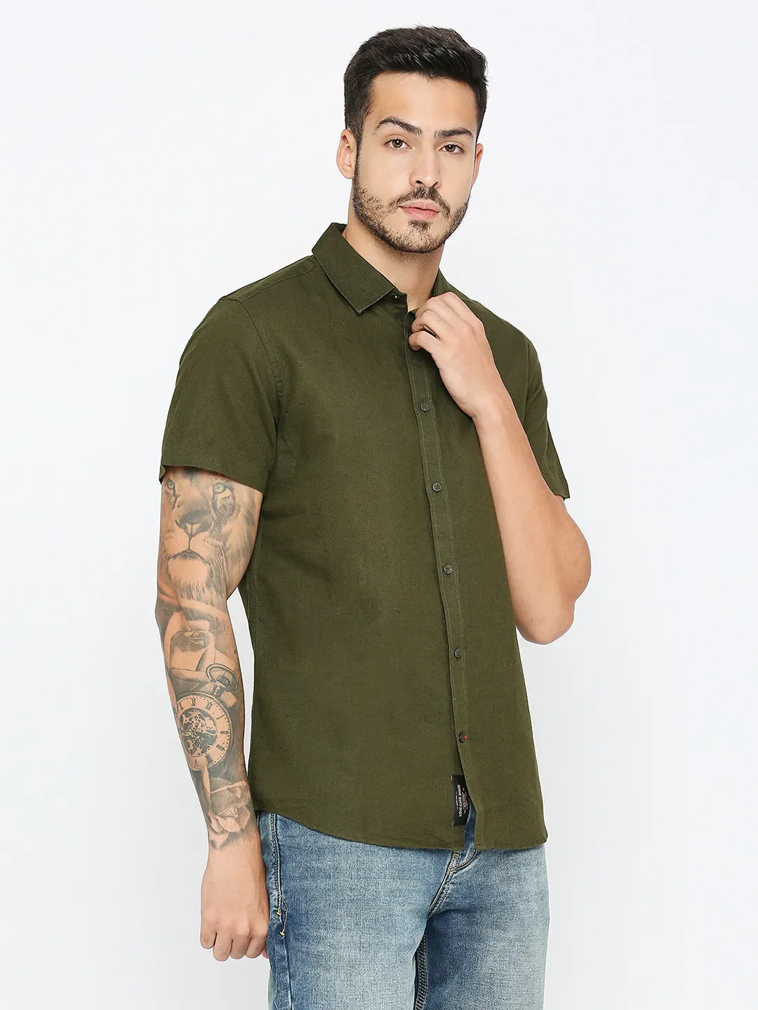 Green Slim Straight Fit Regular Collar Short Sleeves Men's Shirt by Being Human Clothing - Image 3