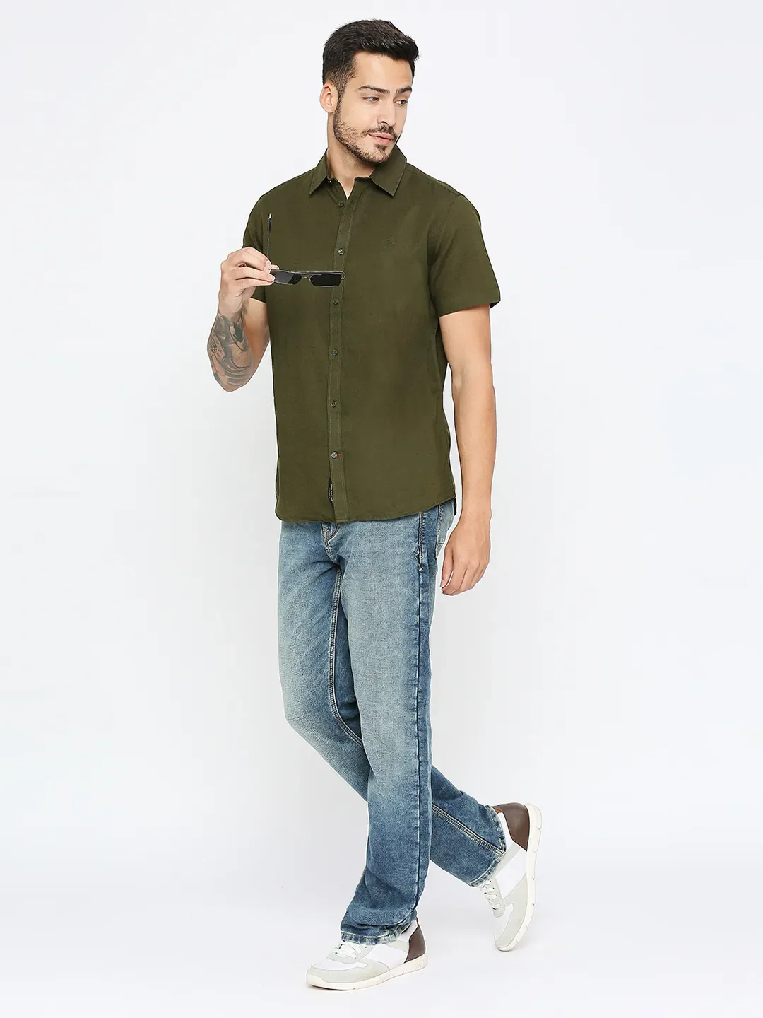 Green Slim Straight Fit Regular Collar Short Sleeves Men's Shirt by Being Human Clothing - Image 6